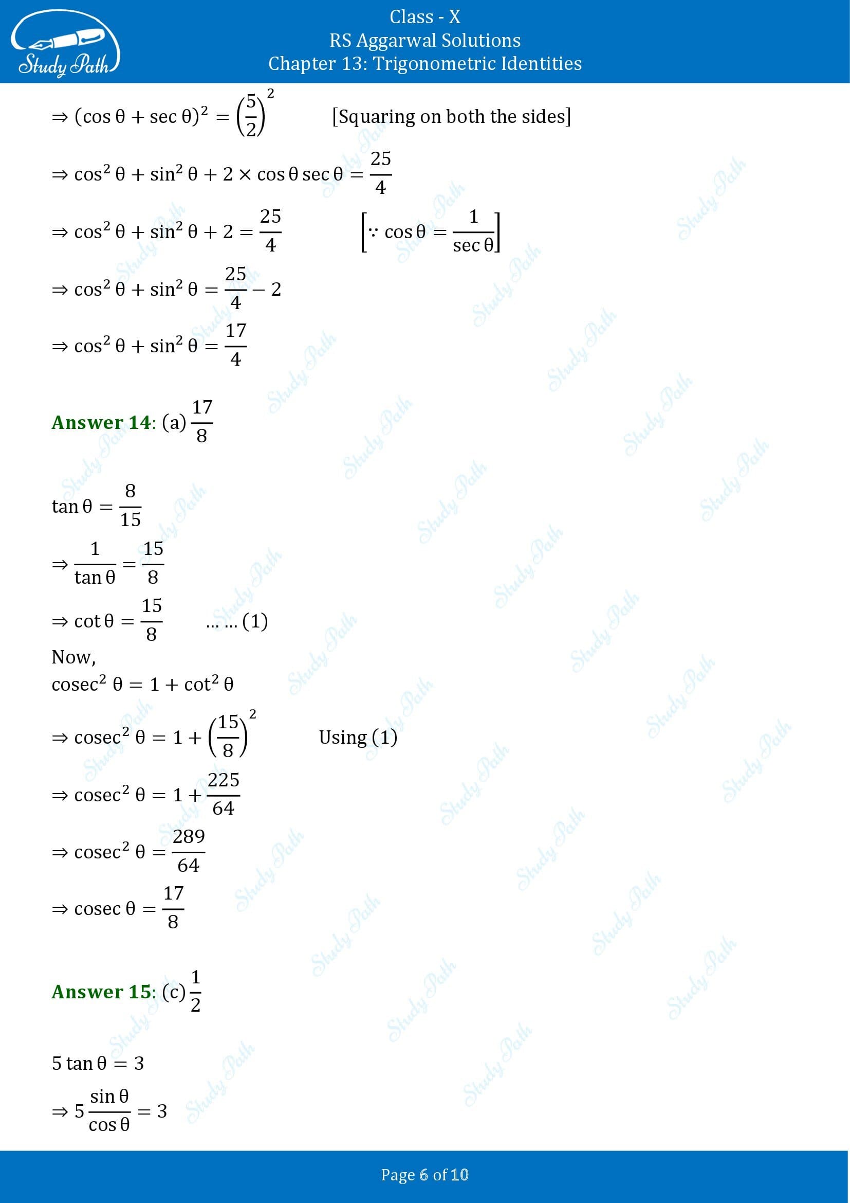 RS Aggarwal Solutions for Class 10 Chapter 13 Trigonometric Identities Multiple Choice Questions 00006