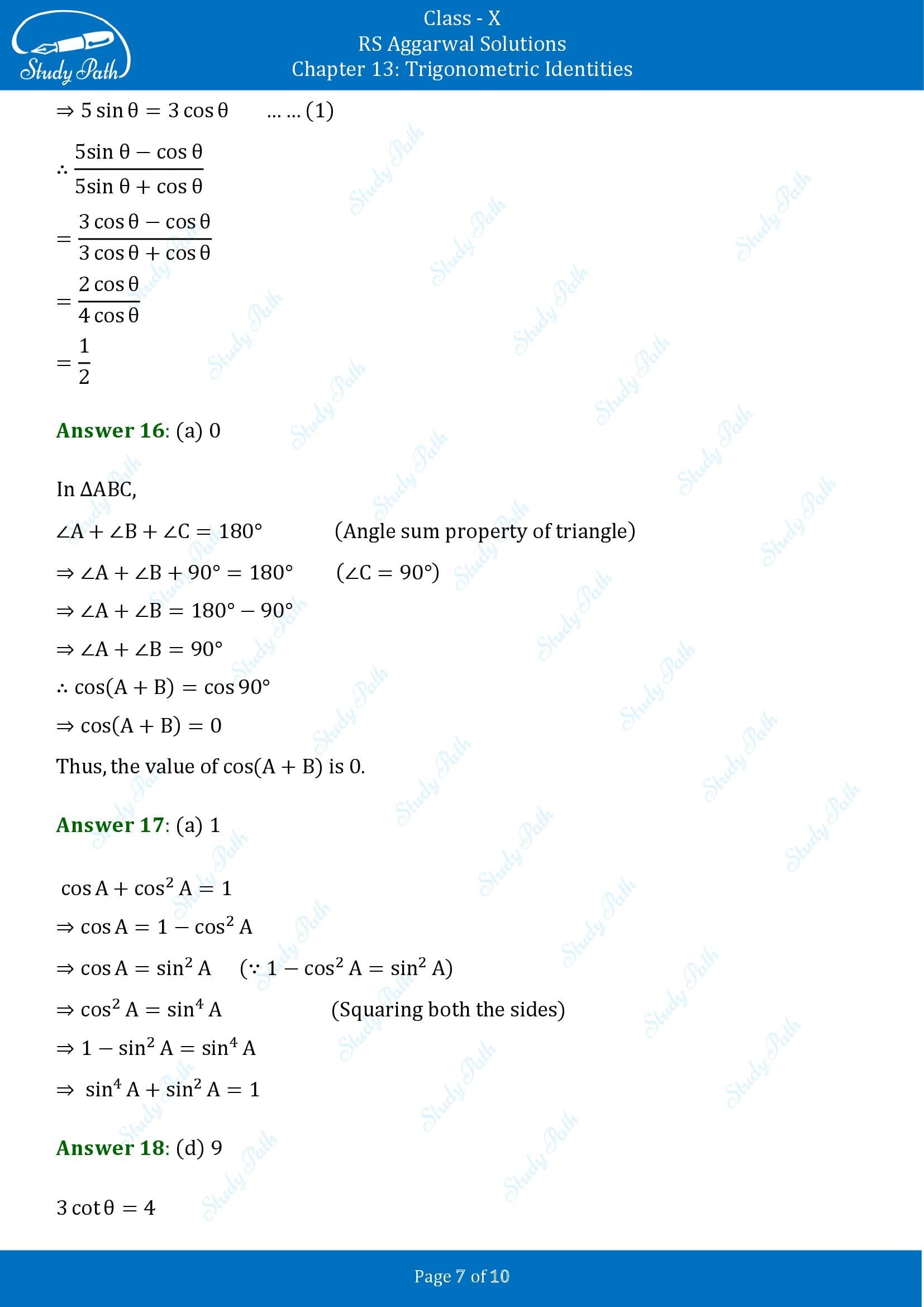 RS Aggarwal Solutions for Class 10 Chapter 13 Trigonometric Identities Multiple Choice Questions 00007