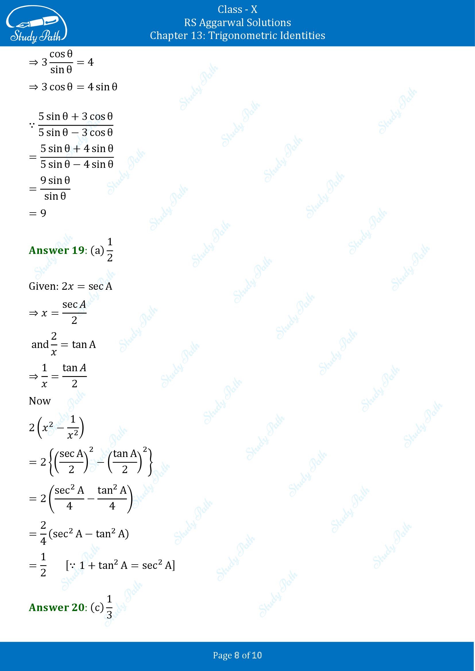 RS Aggarwal Solutions for Class 10 Chapter 13 Trigonometric Identities Multiple Choice Questions 00008