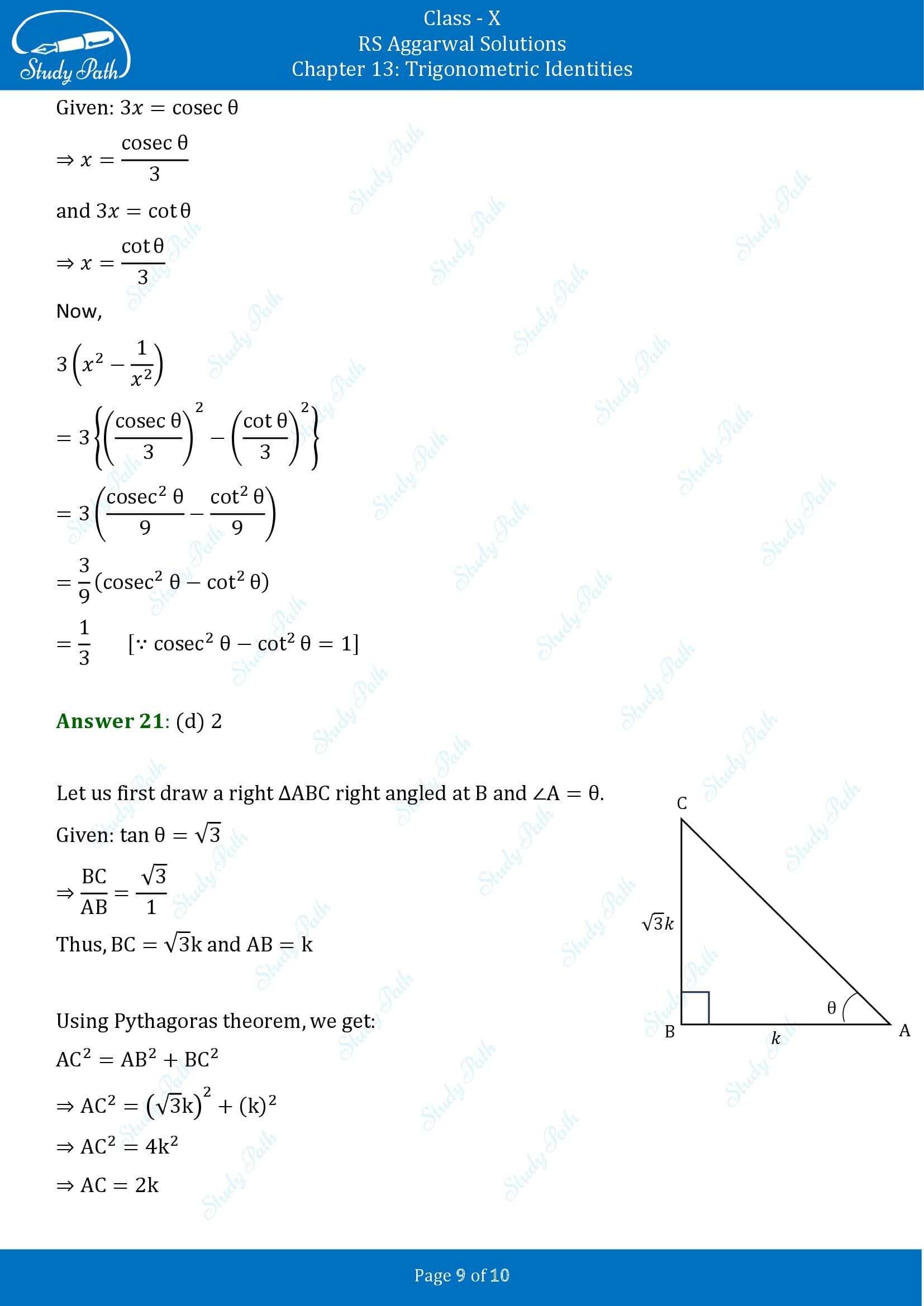 RS Aggarwal Solutions for Class 10 Chapter 13 Trigonometric Identities Multiple Choice Questions 00009