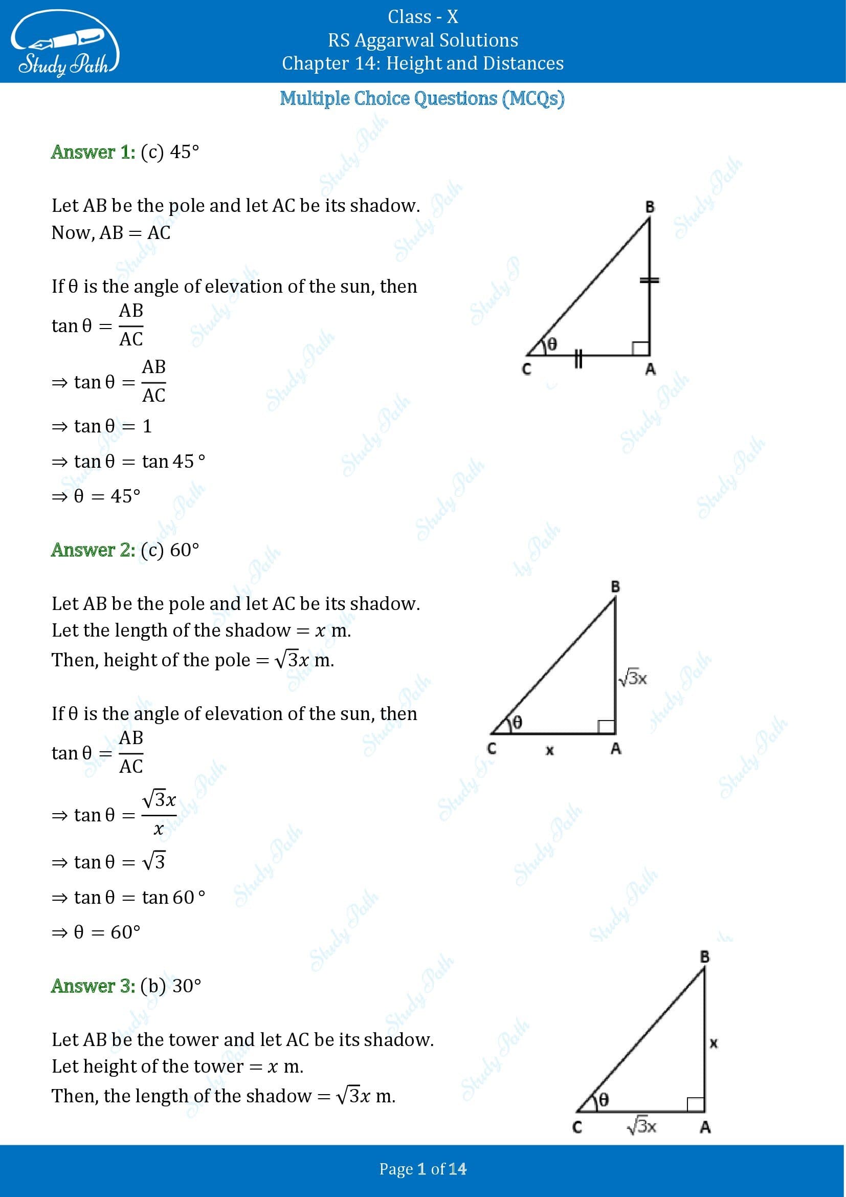 RS Aggarwal Solutions for Class 10 Chapter 14 Height and Distances Multiple Choice Questions 00001