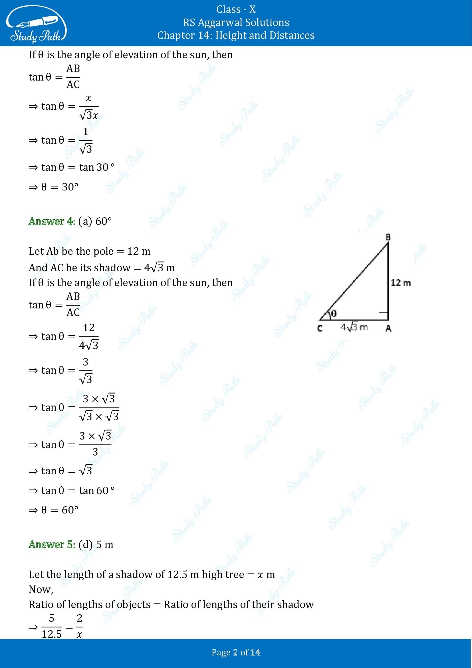 RS Aggarwal Solutions for Class 10 Chapter 14 Height and Distances Multiple Choice Questions 00002