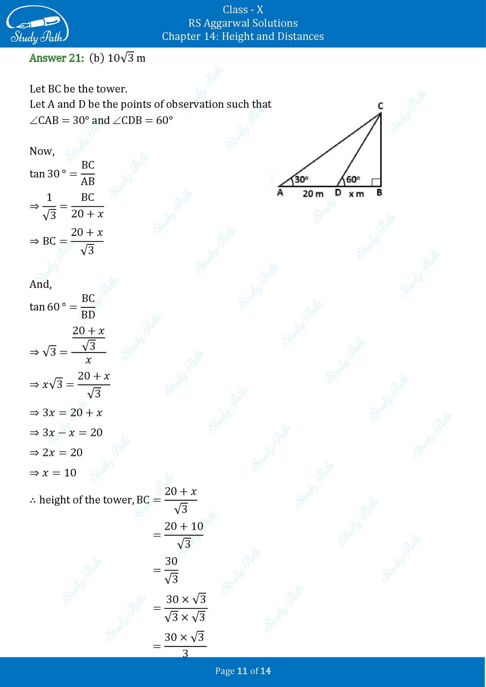 RS Aggarwal Solutions for Class 10 Chapter 14 Height and Distances Multiple Choice Questions 00011