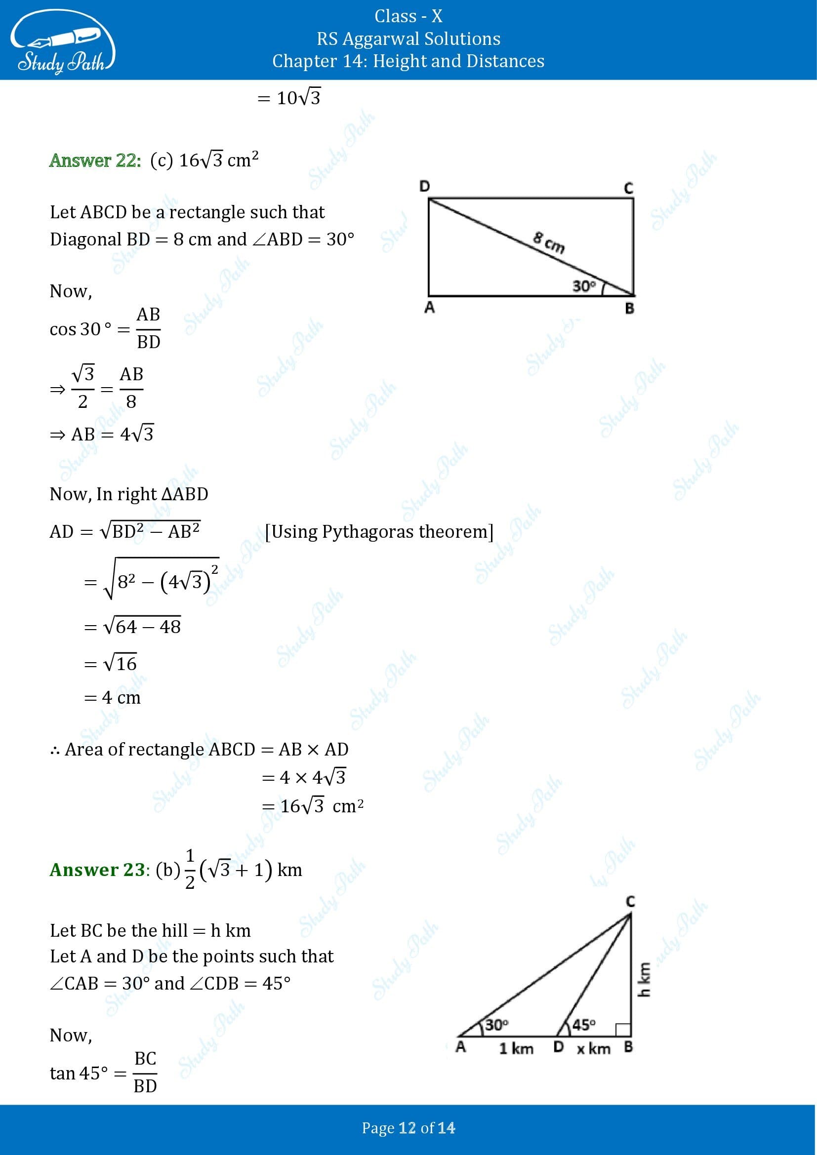 RS Aggarwal Solutions for Class 10 Chapter 14 Height and Distances Multiple Choice Questions 00012