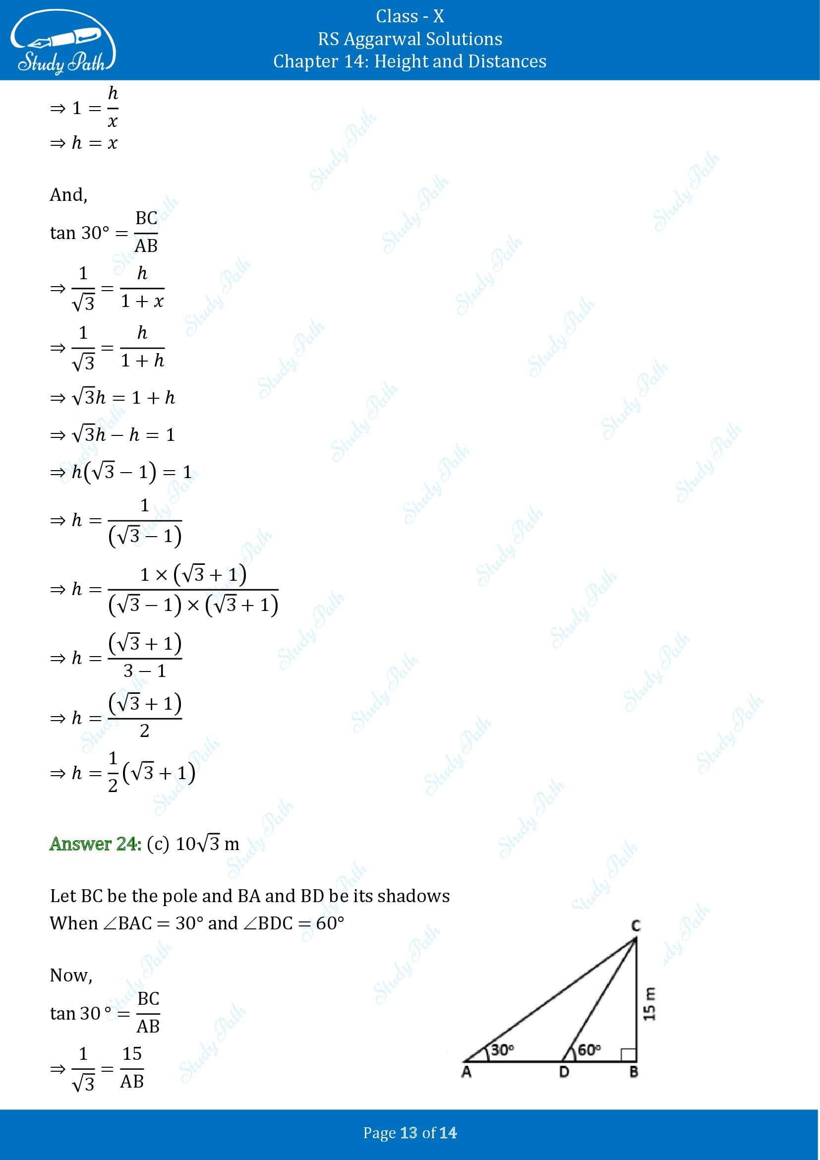 RS Aggarwal Solutions for Class 10 Chapter 14 Height and Distances Multiple Choice Questions 00013