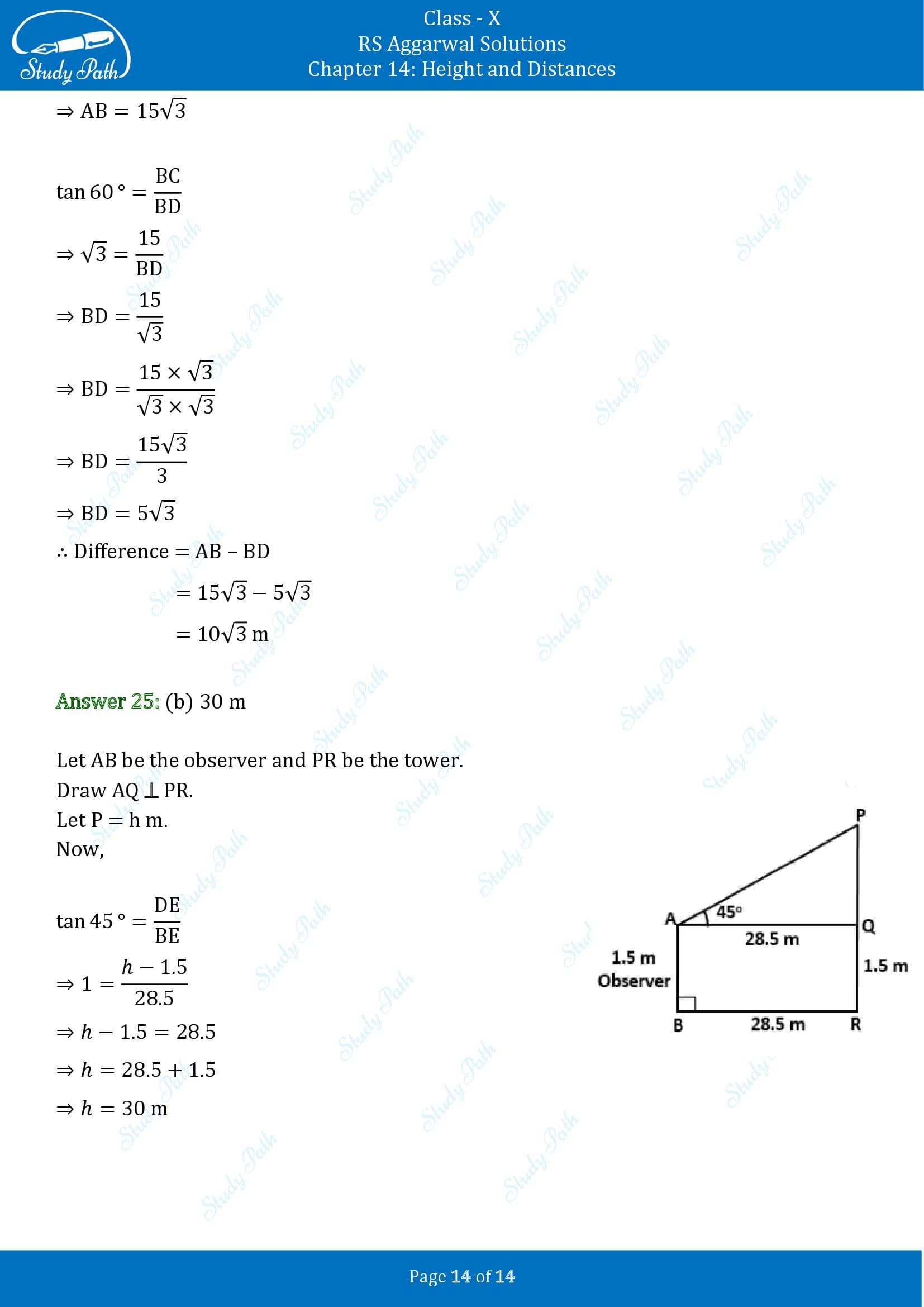 RS Aggarwal Solutions for Class 10 Chapter 14 Height and Distances Multiple Choice Questions 00014