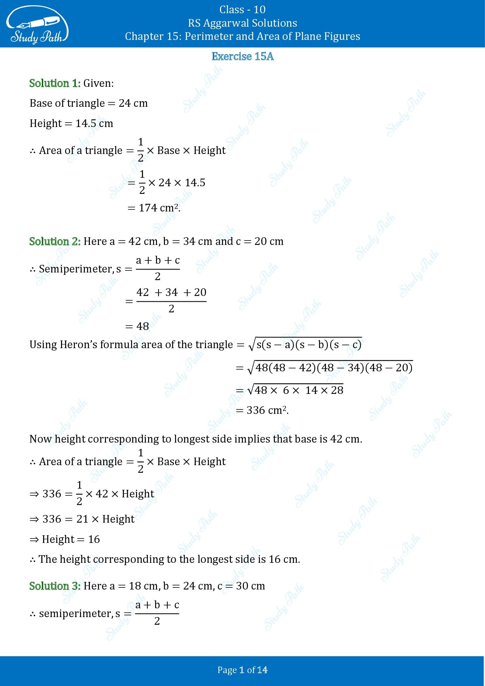 RS Aggarwal Solutions for Class 10 Chapter 15 Perimeter and Area of Plane Figures Exercise 15A 00001