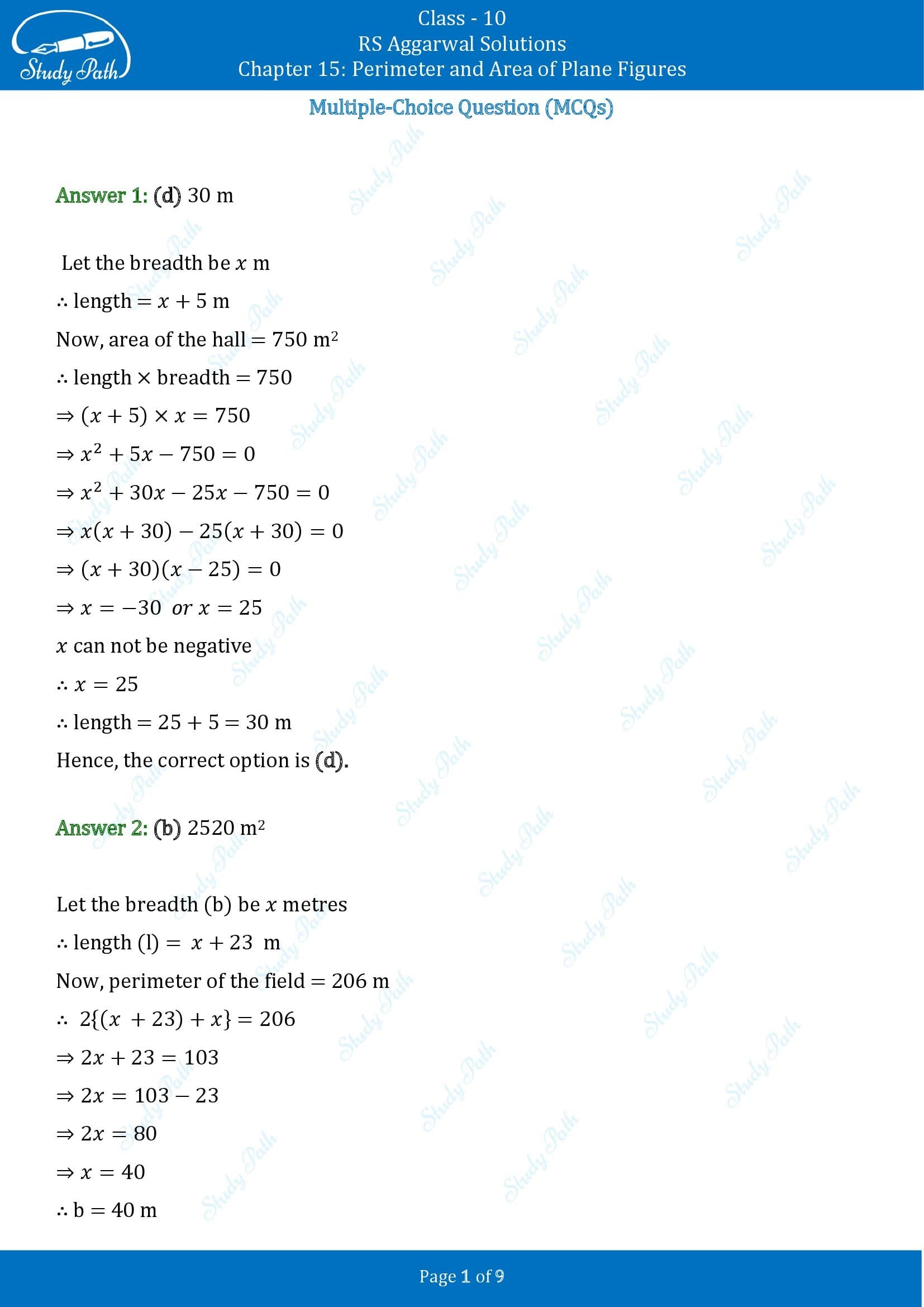 RS Aggarwal Solutions for Class 10 Chapter 15 Perimeter and Area of Plane Figures Multiple Choice Questions 00001