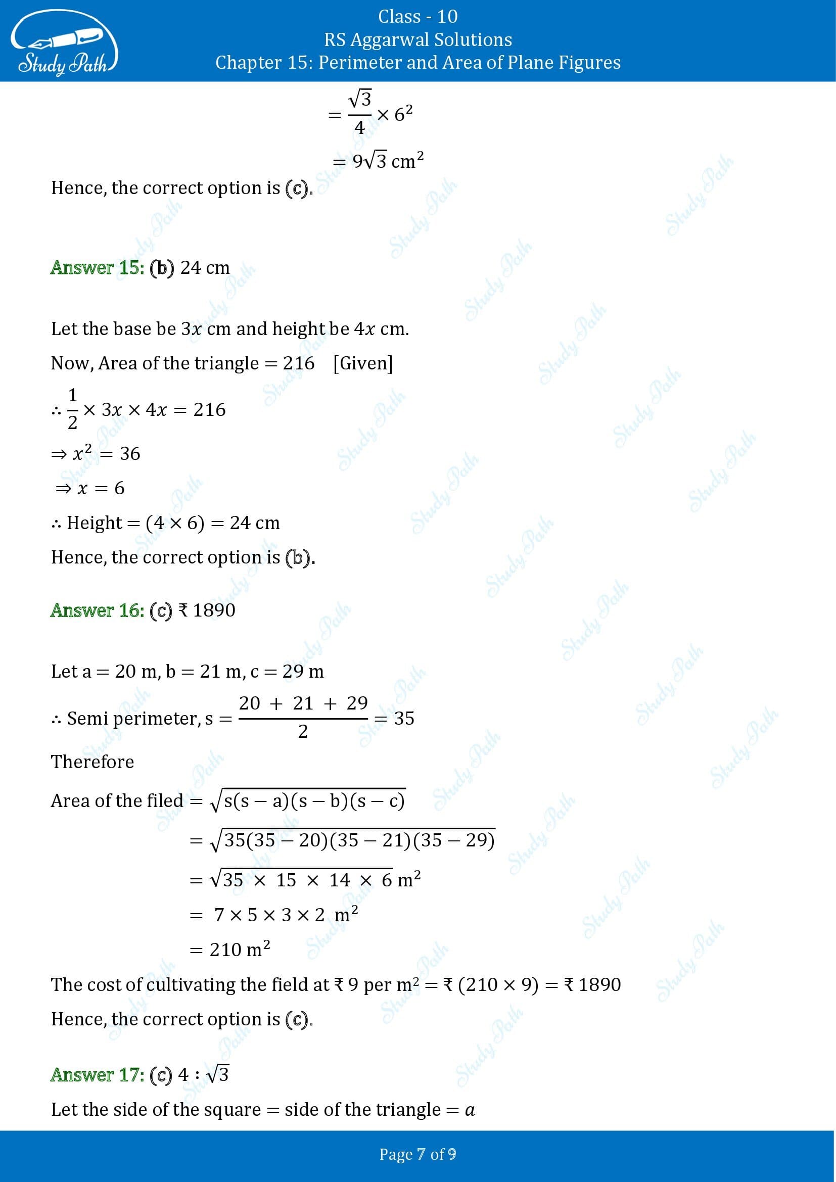 RS Aggarwal Solutions for Class 10 Chapter 15 Perimeter and Area of Plane Figures Multiple Choice Questions 00007