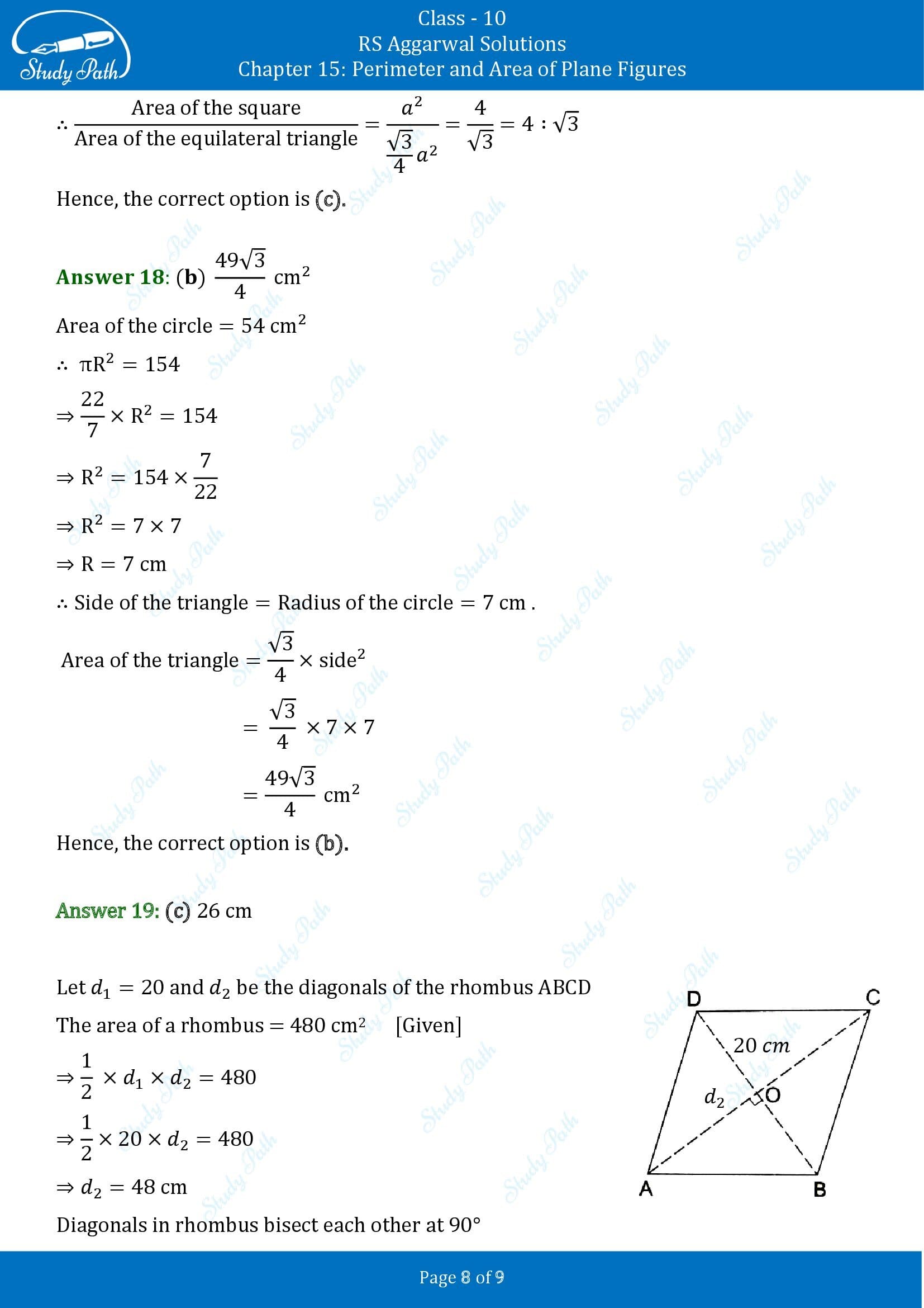 RS Aggarwal Solutions for Class 10 Chapter 15 Perimeter and Area of Plane Figures Multiple Choice Questions 00008