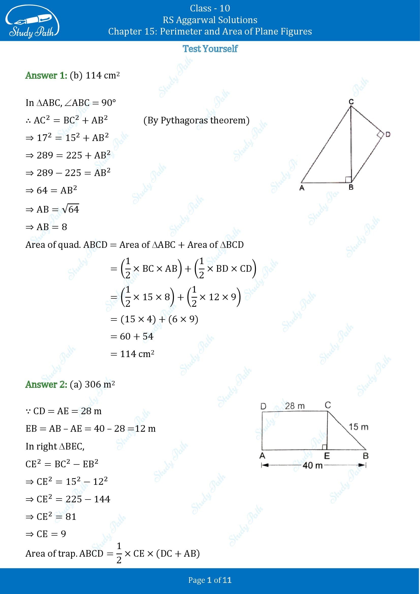 RS Aggarwal Solutions for Class 10 Chapter 15 Perimeter and Area of Plane Figures Test Yourself 15 00001