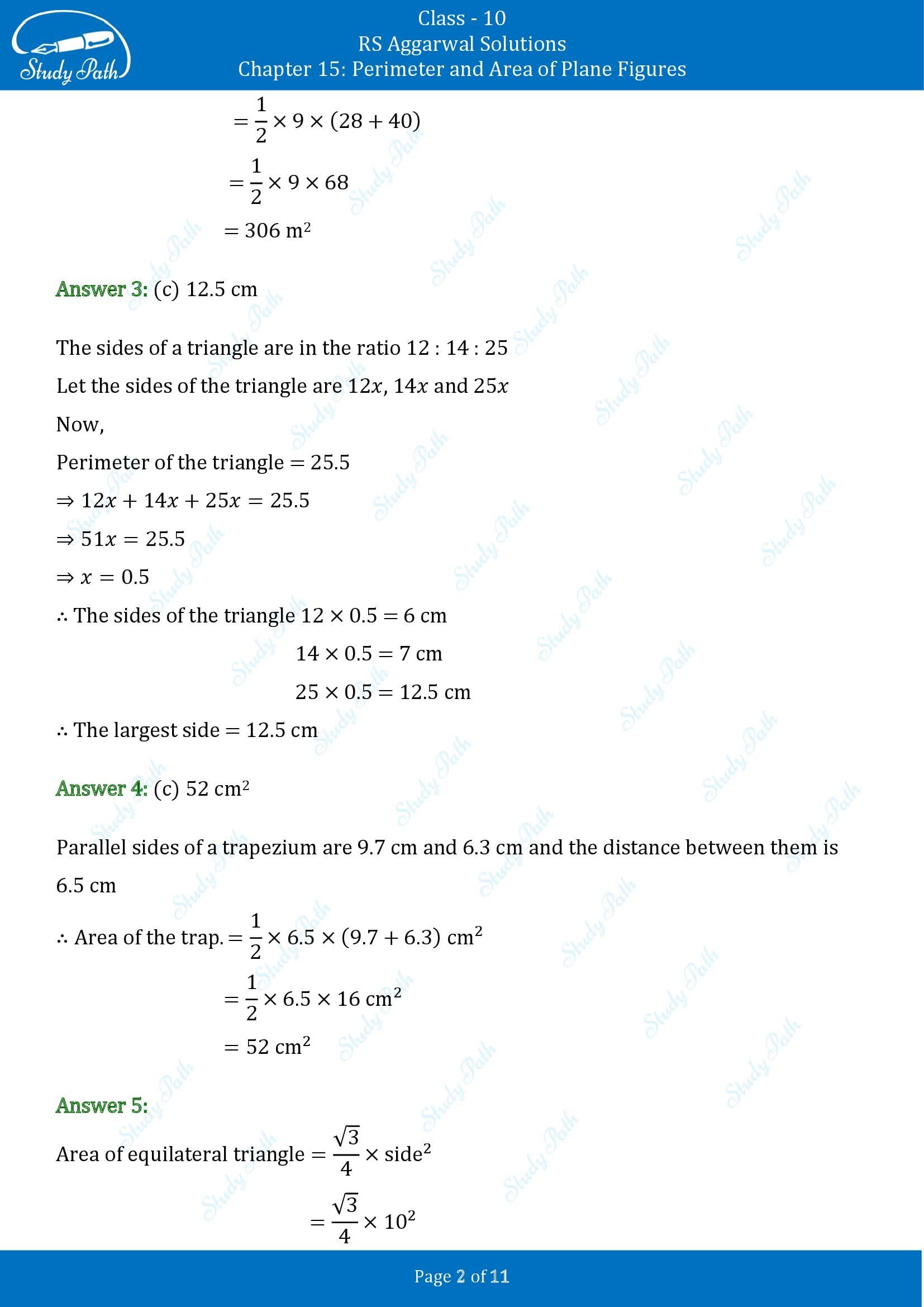 RS Aggarwal Solutions for Class 10 Chapter 15 Perimeter and Area of Plane Figures Test Yourself 15 00002