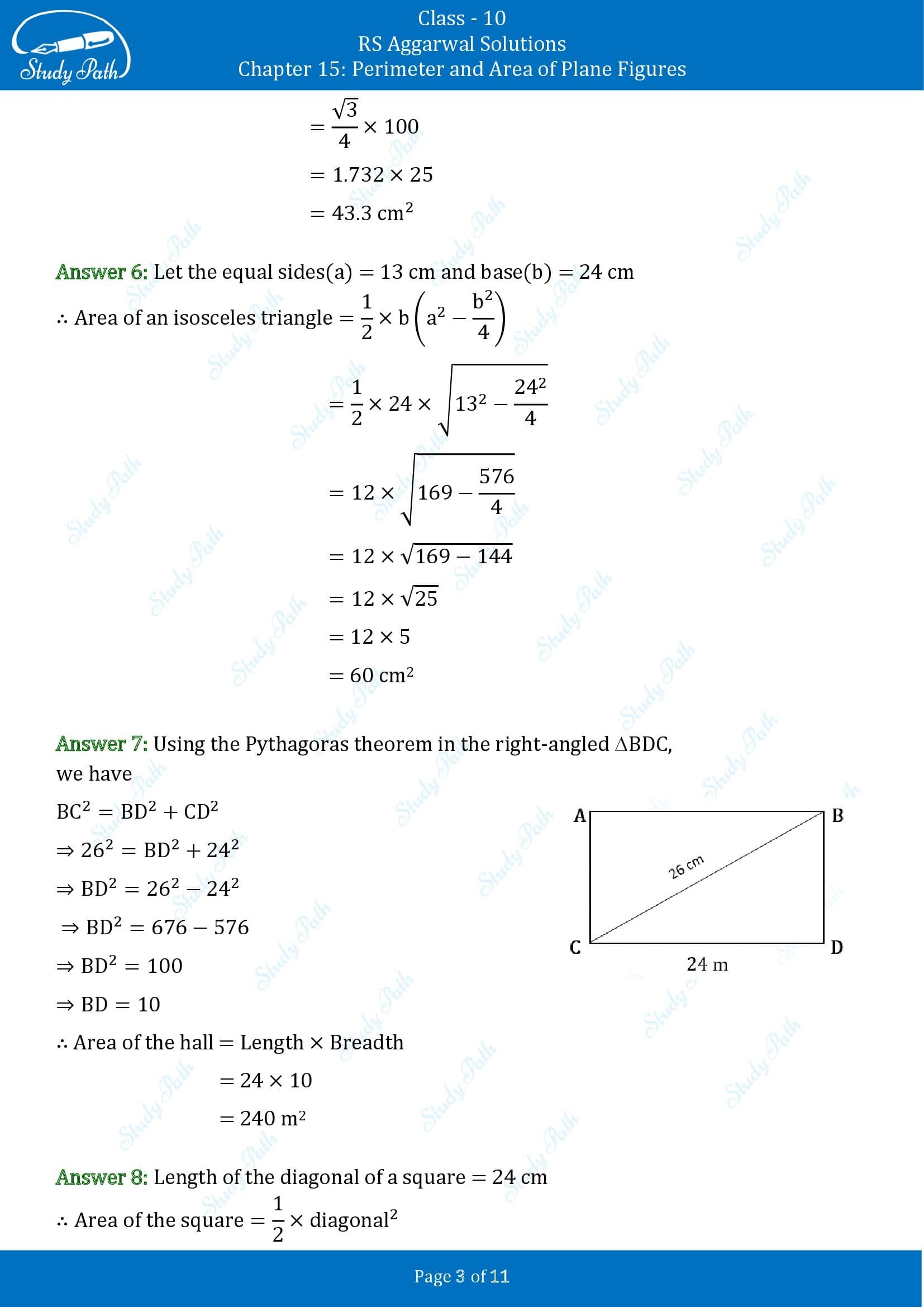 RS Aggarwal Solutions for Class 10 Chapter 15 Perimeter and Area of Plane Figures Test Yourself 15 00003