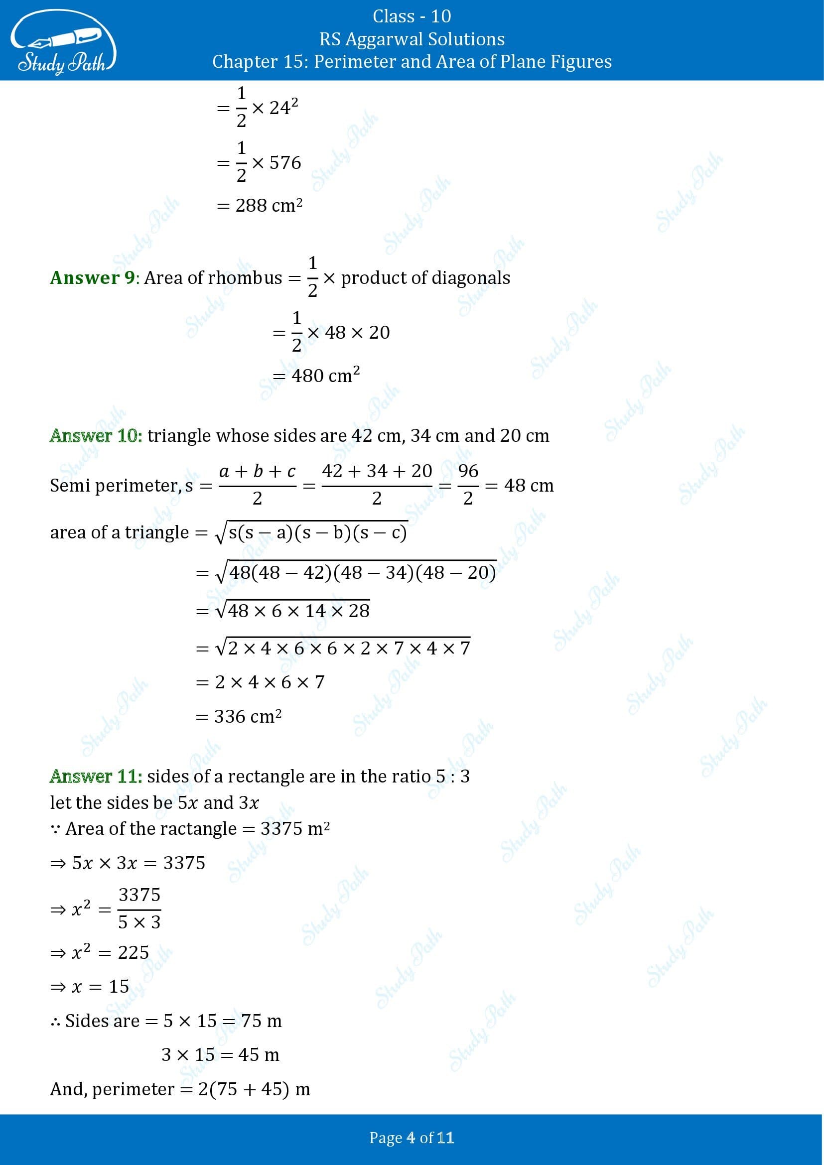 RS Aggarwal Solutions for Class 10 Chapter 15 Perimeter and Area of Plane Figures Test Yourself 15 00004