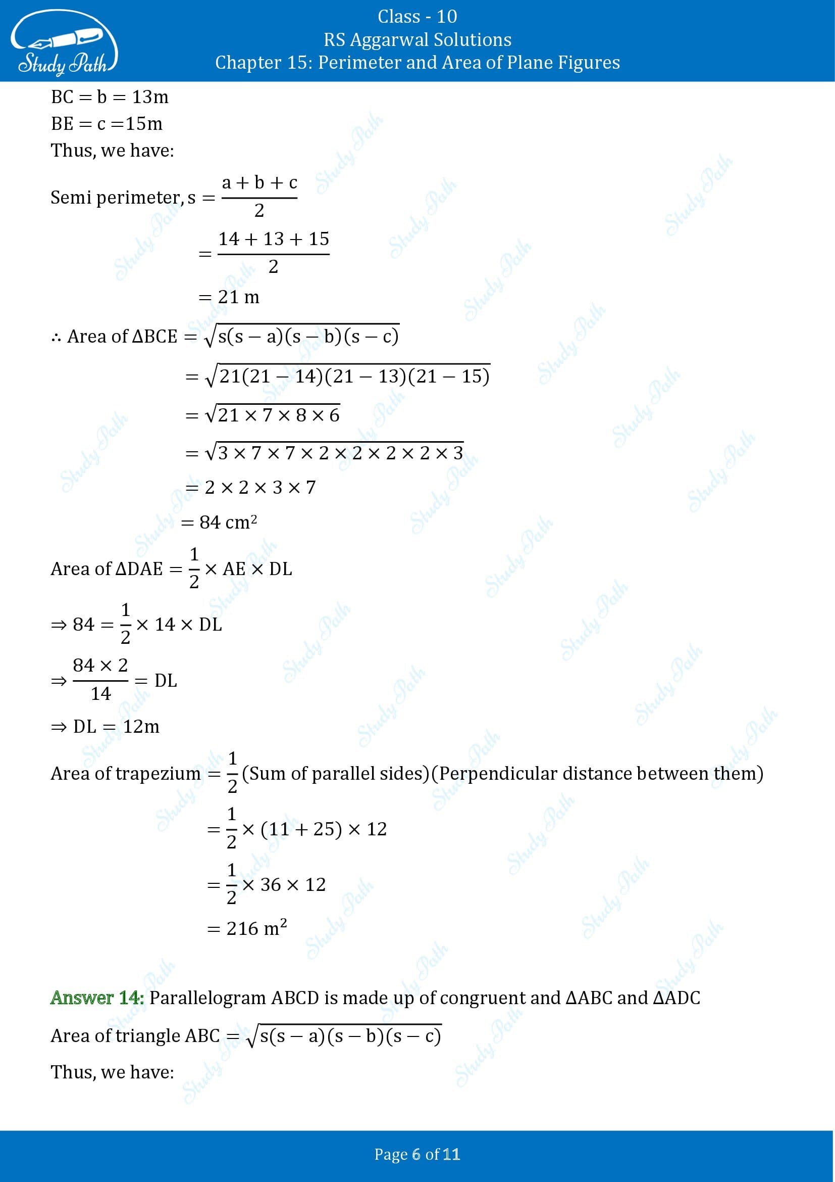 RS Aggarwal Solutions for Class 10 Chapter 15 Perimeter and Area of Plane Figures Test Yourself 15 00006