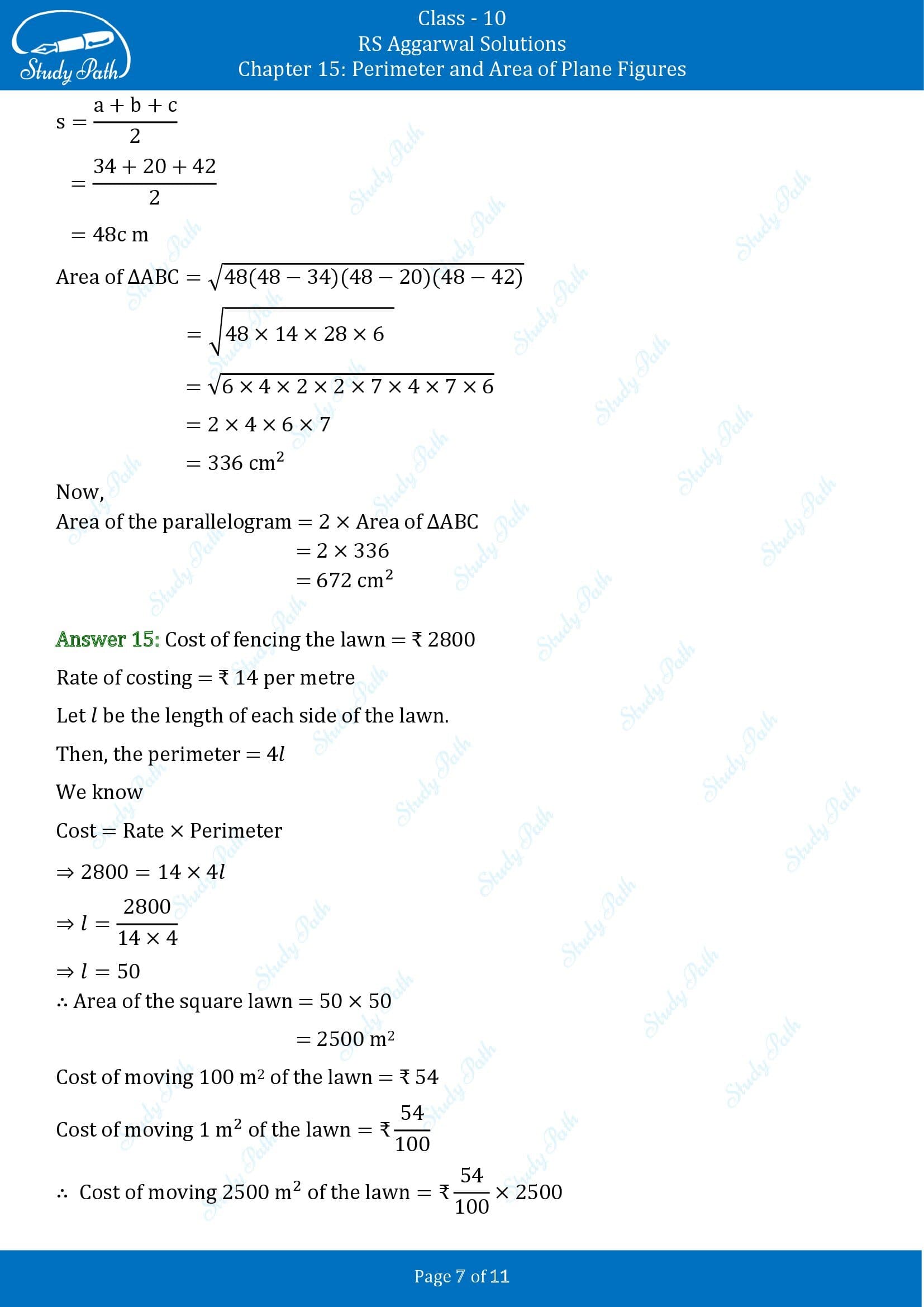 RS Aggarwal Solutions for Class 10 Chapter 15 Perimeter and Area of Plane Figures Test Yourself 15 00007