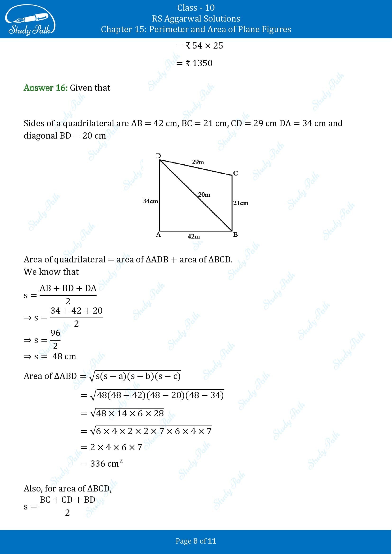 RS Aggarwal Solutions for Class 10 Chapter 15 Perimeter and Area of Plane Figures Test Yourself 15 00008