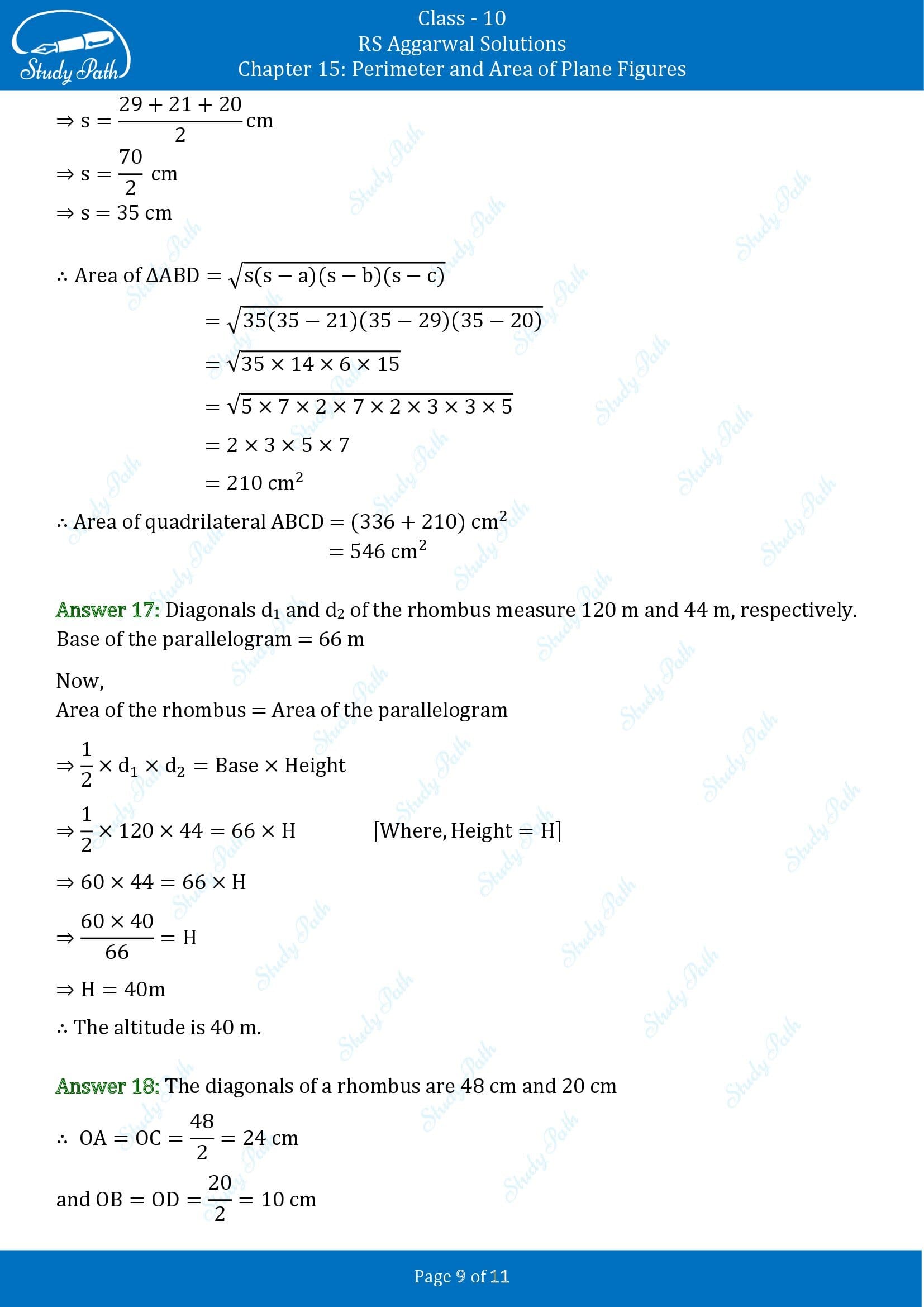 RS Aggarwal Solutions for Class 10 Chapter 15 Perimeter and Area of Plane Figures Test Yourself 15 00009