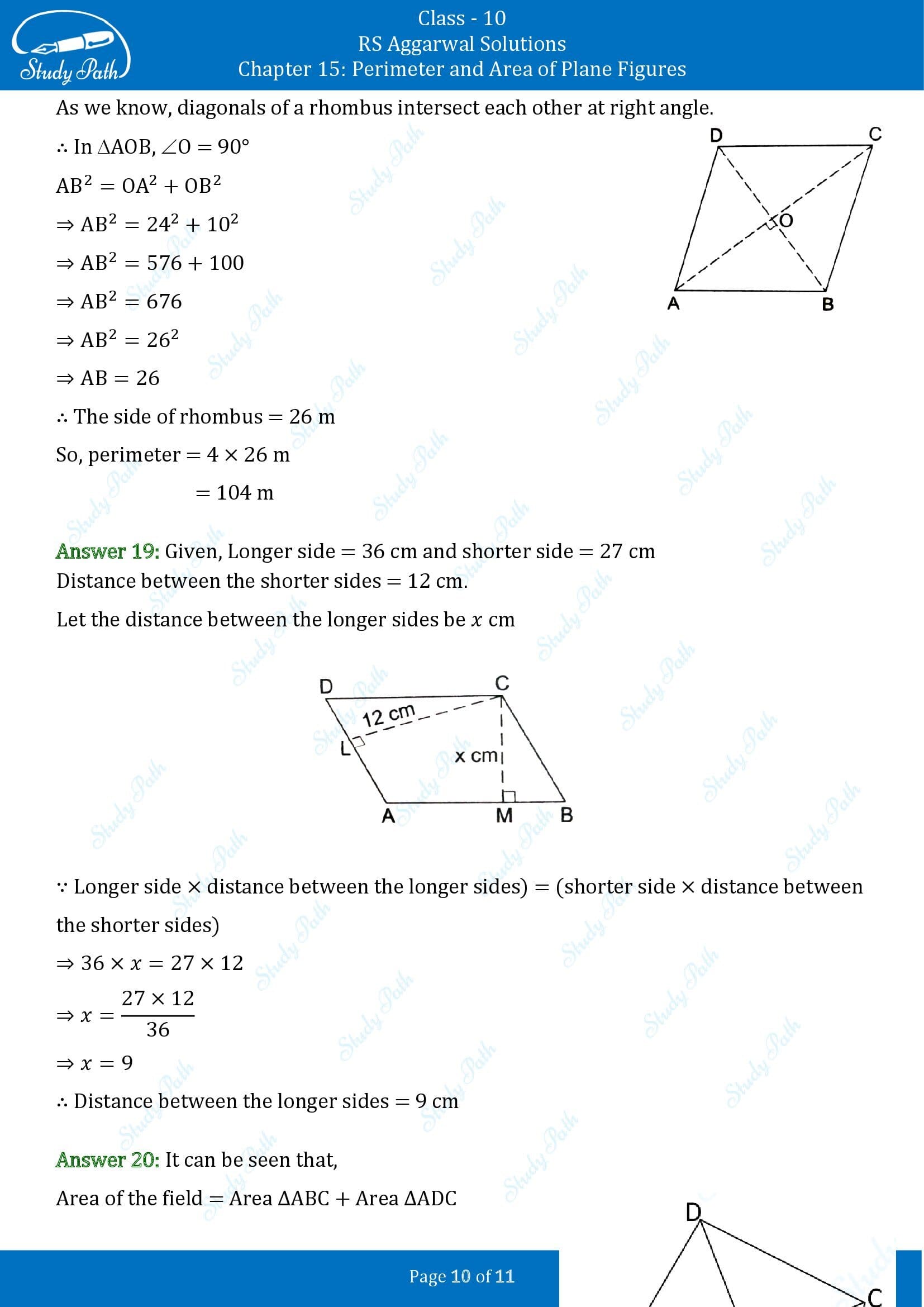 RS Aggarwal Solutions for Class 10 Chapter 15 Perimeter and Area of Plane Figures Test Yourself 15 00010