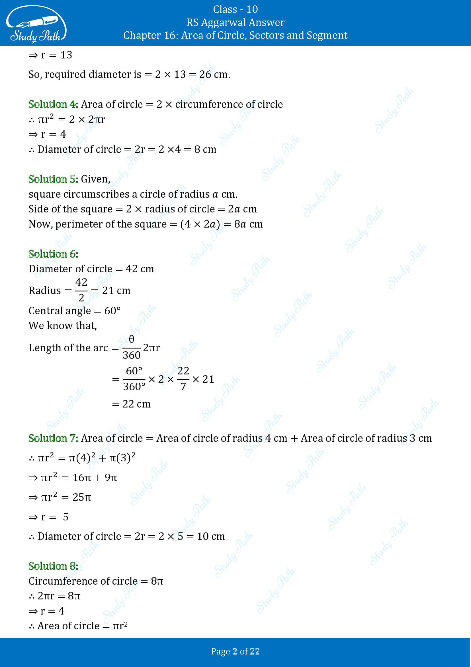 RS Aggarwal Solutions for Class 10 Chapter 16 Area of Circle Sector and Segment Exercise 16B 00002