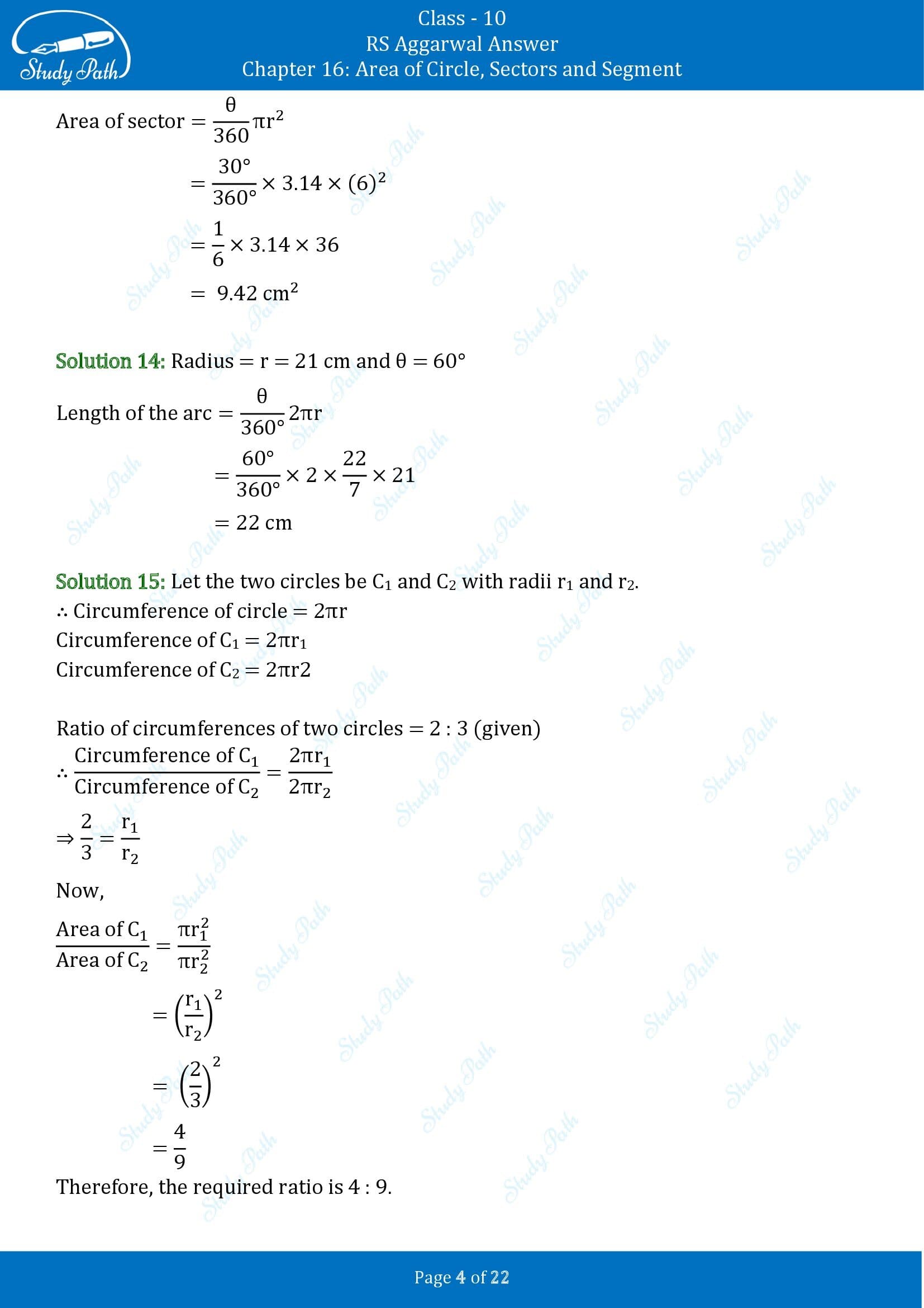 RS Aggarwal Solutions for Class 10 Chapter 16 Area of Circle Sector and Segment Exercise 16B 00004