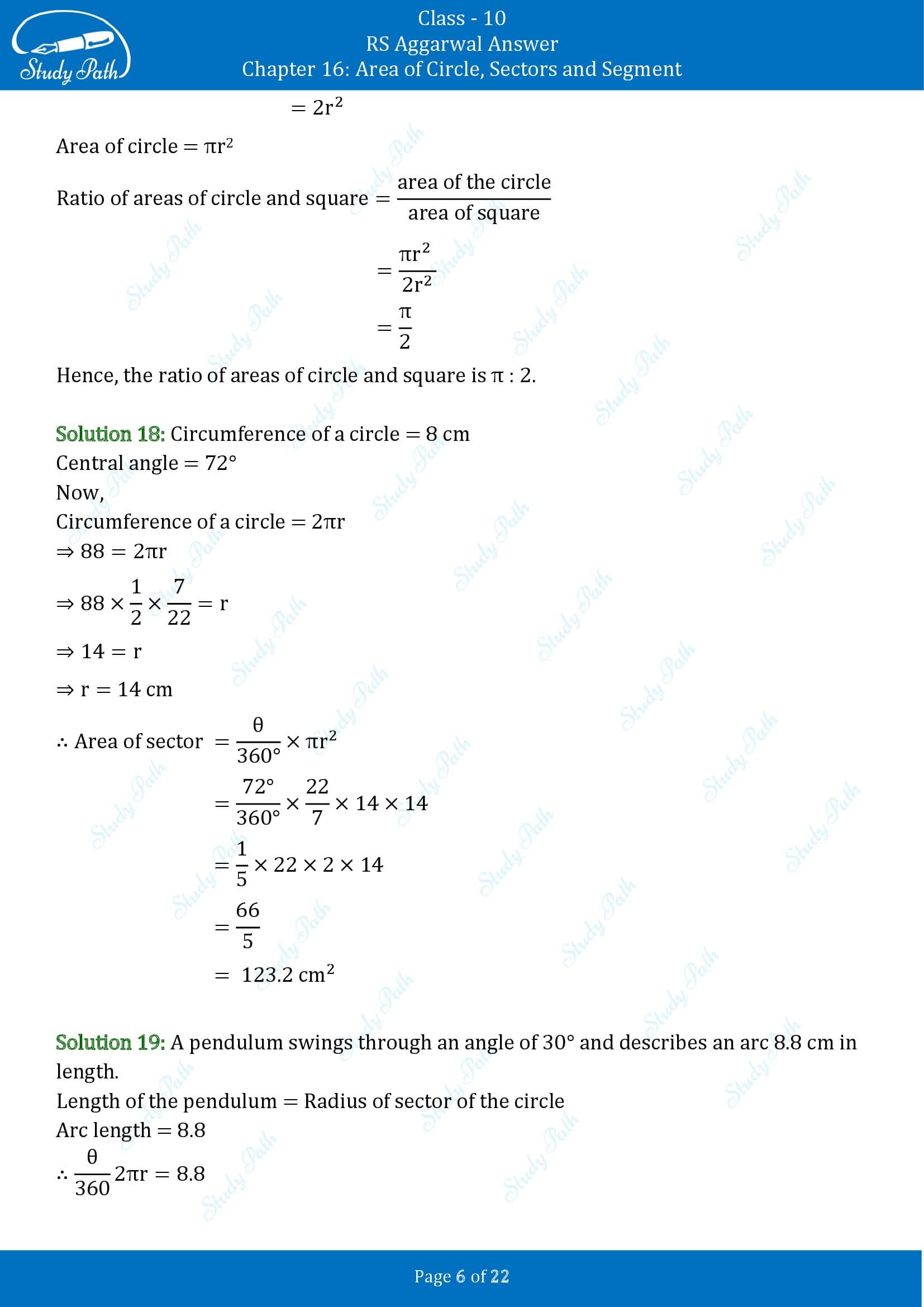 RS Aggarwal Solutions for Class 10 Chapter 16 Area of Circle Sector and Segment Exercise 16B 00006