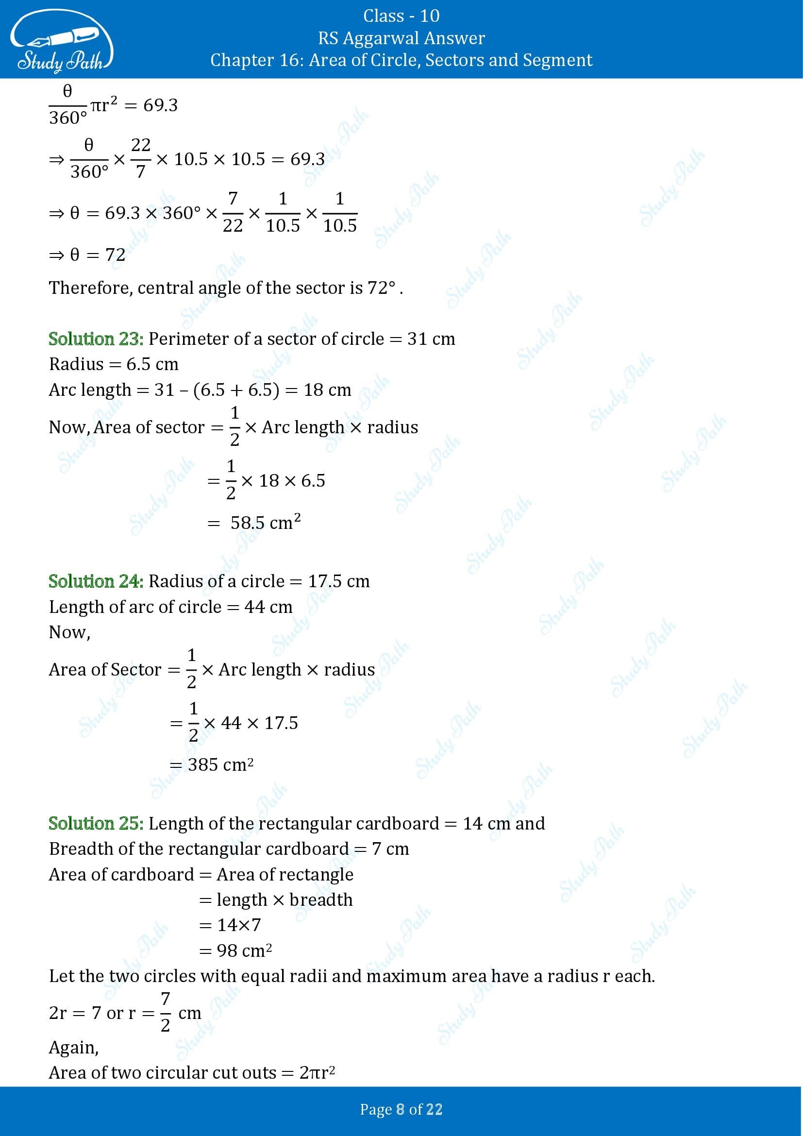 RS Aggarwal Solutions for Class 10 Chapter 16 Area of Circle Sector and Segment Exercise 16B 00008