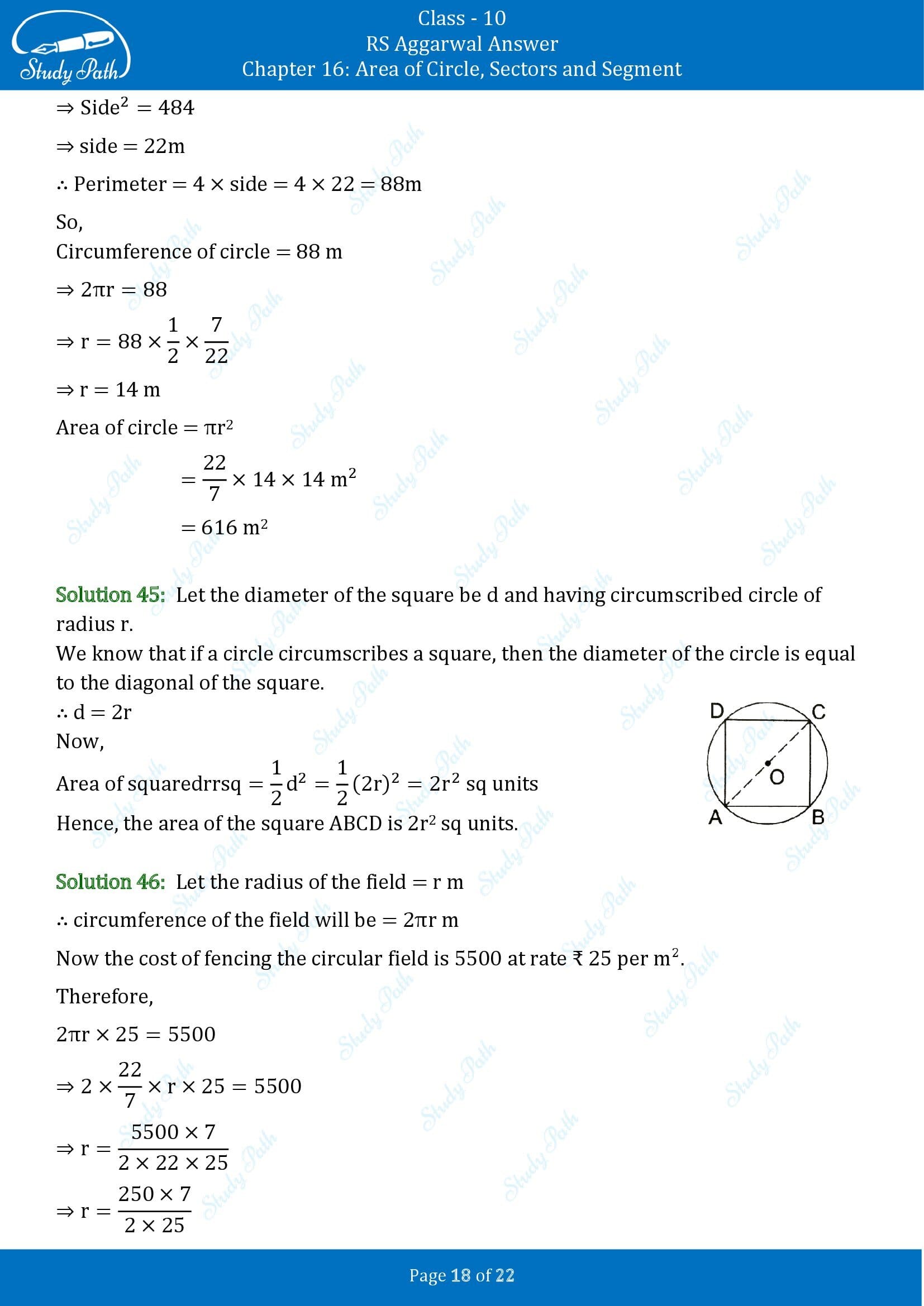 RS Aggarwal Solutions for Class 10 Chapter 16 Area of Circle Sector and Segment Exercise 16B 00018