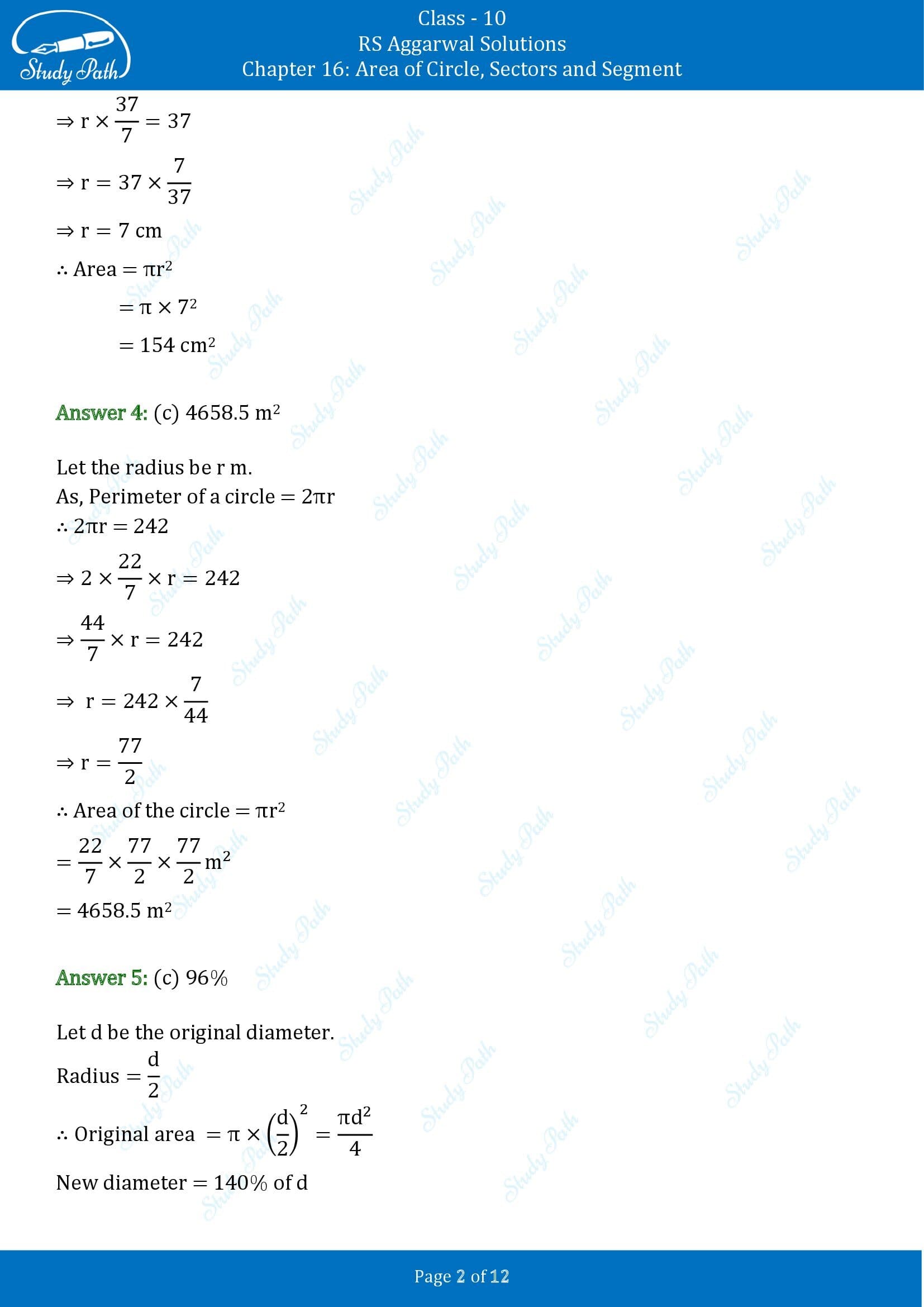 RS Aggarwal Solutions for Class 10 Chapter 16 Area of Circle Sector and Segment Multiple Choice Questions 00002