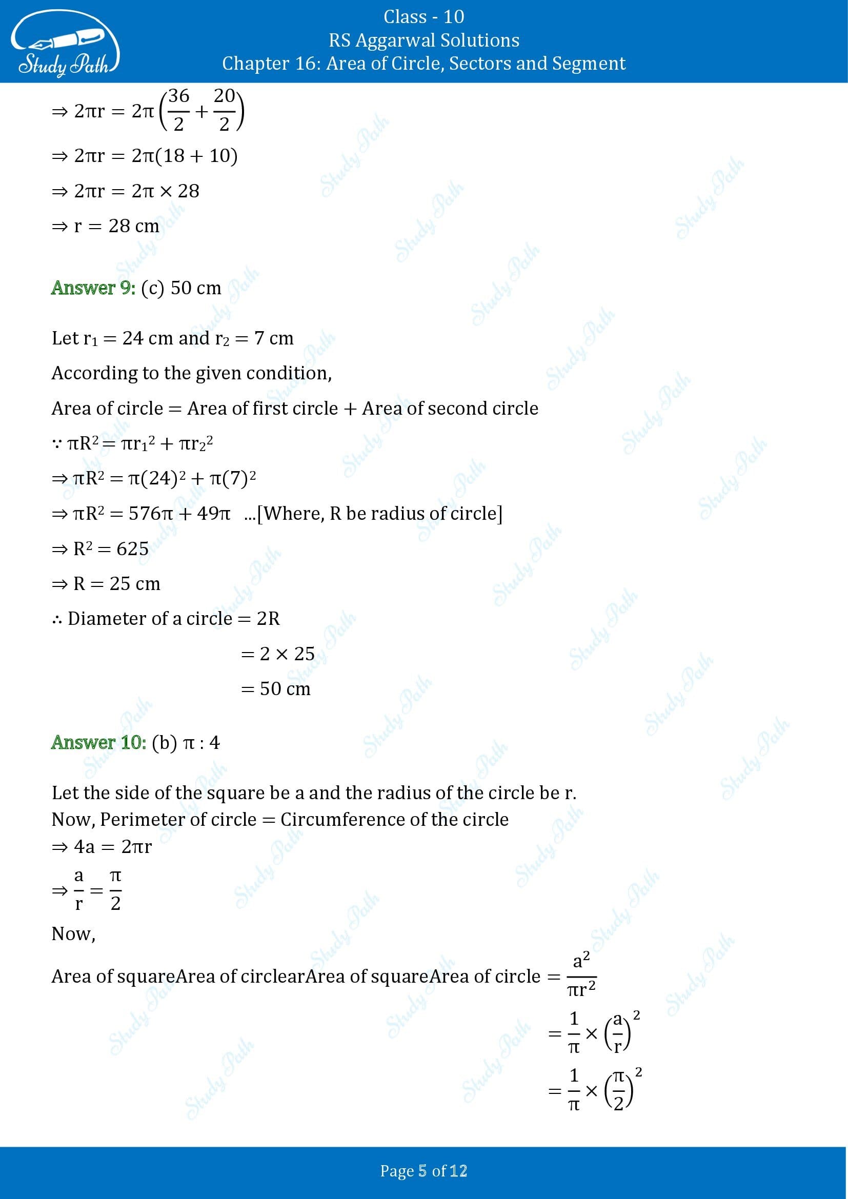 RS Aggarwal Solutions for Class 10 Chapter 16 Area of Circle Sector and Segment Multiple Choice Questions 00005