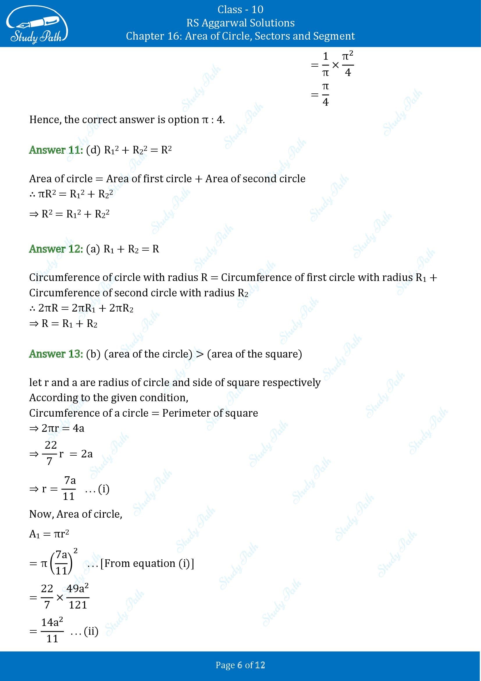 RS Aggarwal Solutions for Class 10 Chapter 16 Area of Circle Sector and Segment Multiple Choice Questions 00006