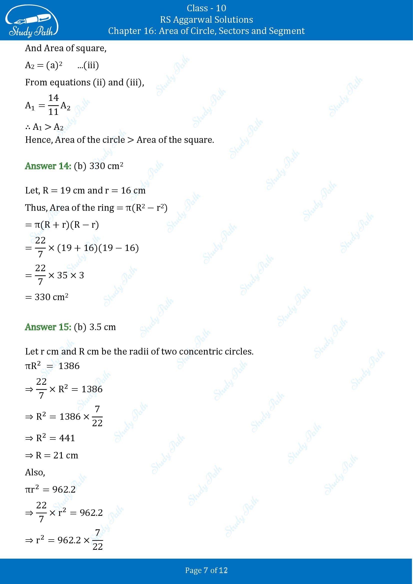 RS Aggarwal Solutions for Class 10 Chapter 16 Area of Circle Sector and Segment Multiple Choice Questions 00007