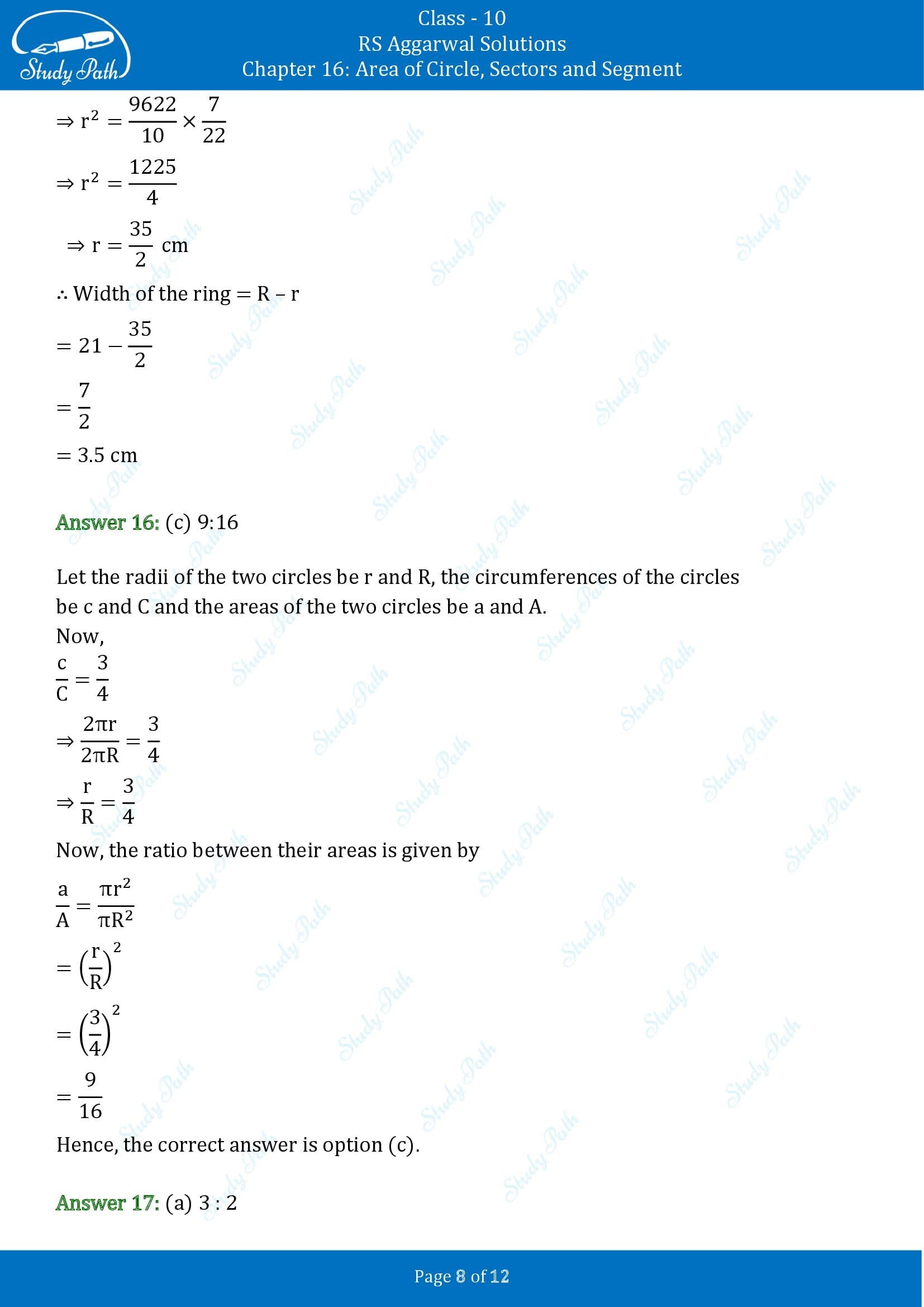 RS Aggarwal Solutions for Class 10 Chapter 16 Area of Circle Sector and Segment Multiple Choice Questions 00008