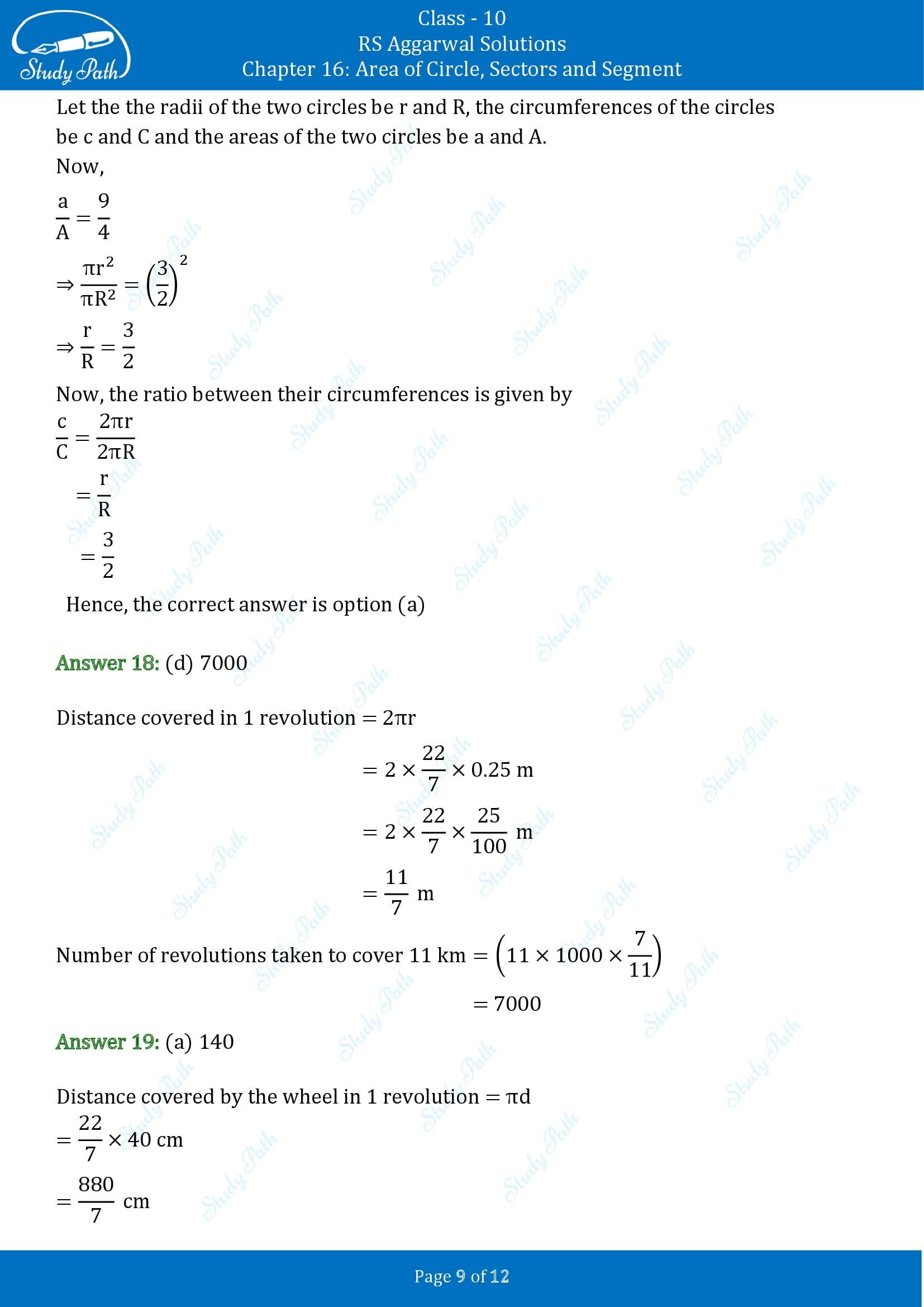 RS Aggarwal Solutions for Class 10 Chapter 16 Area of Circle Sector and Segment Multiple Choice Questions 00009