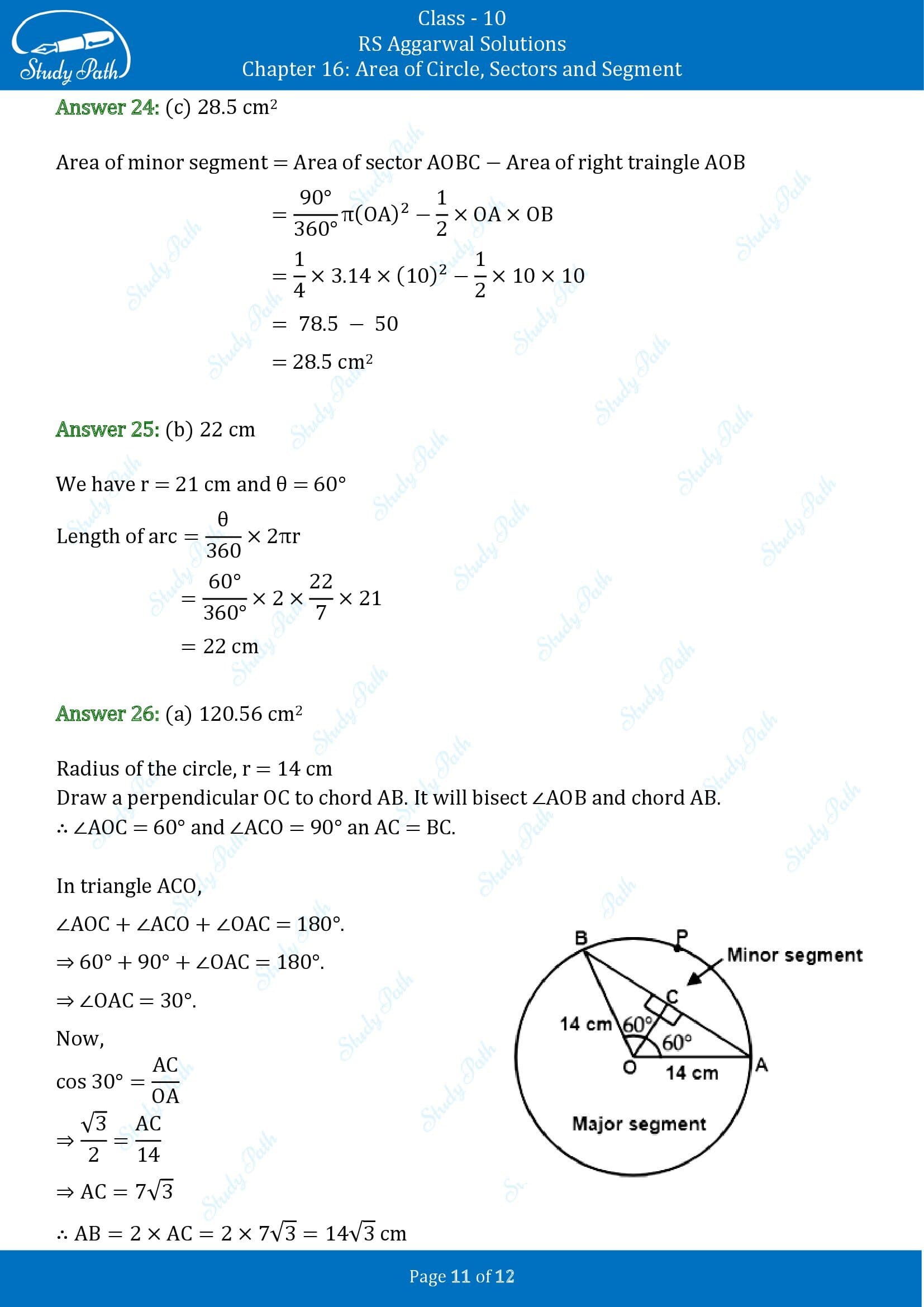 RS Aggarwal Solutions for Class 10 Chapter 16 Area of Circle Sector and Segment Multiple Choice Questions 00011