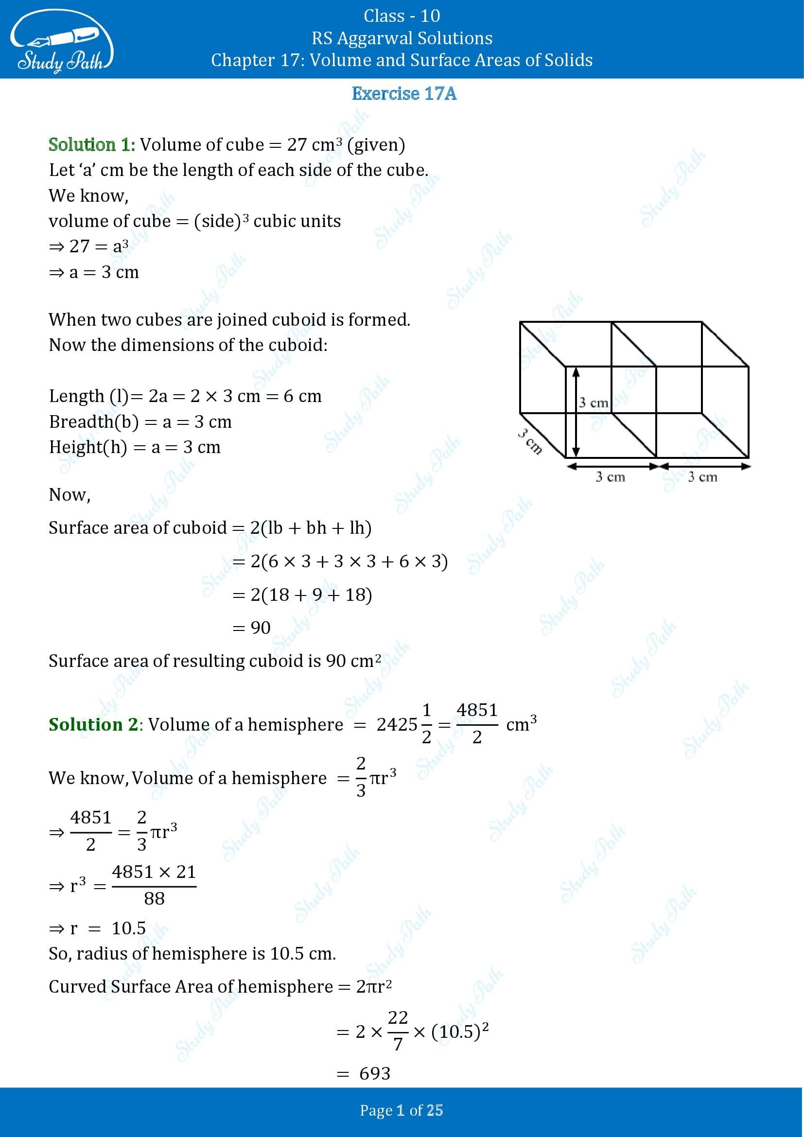 RS Aggarwal Solutions for Class 10 Chapter 17 Volume and Surface Areas of Solids Exercise 17A 00001