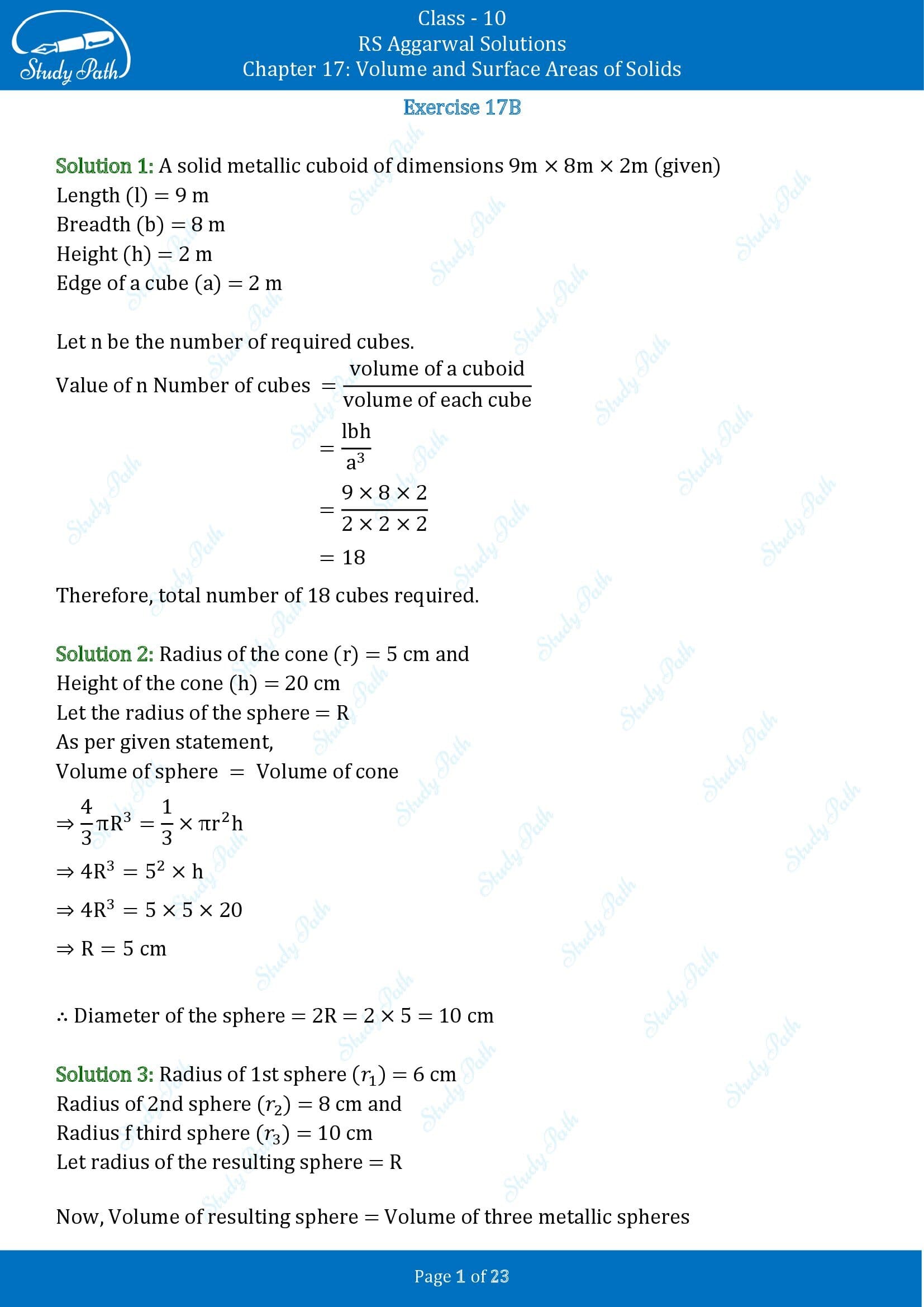 RS Aggarwal Solutions for Class 10 Chapter 17 Volume and Surface Areas of Solids Exercise 17B 00001