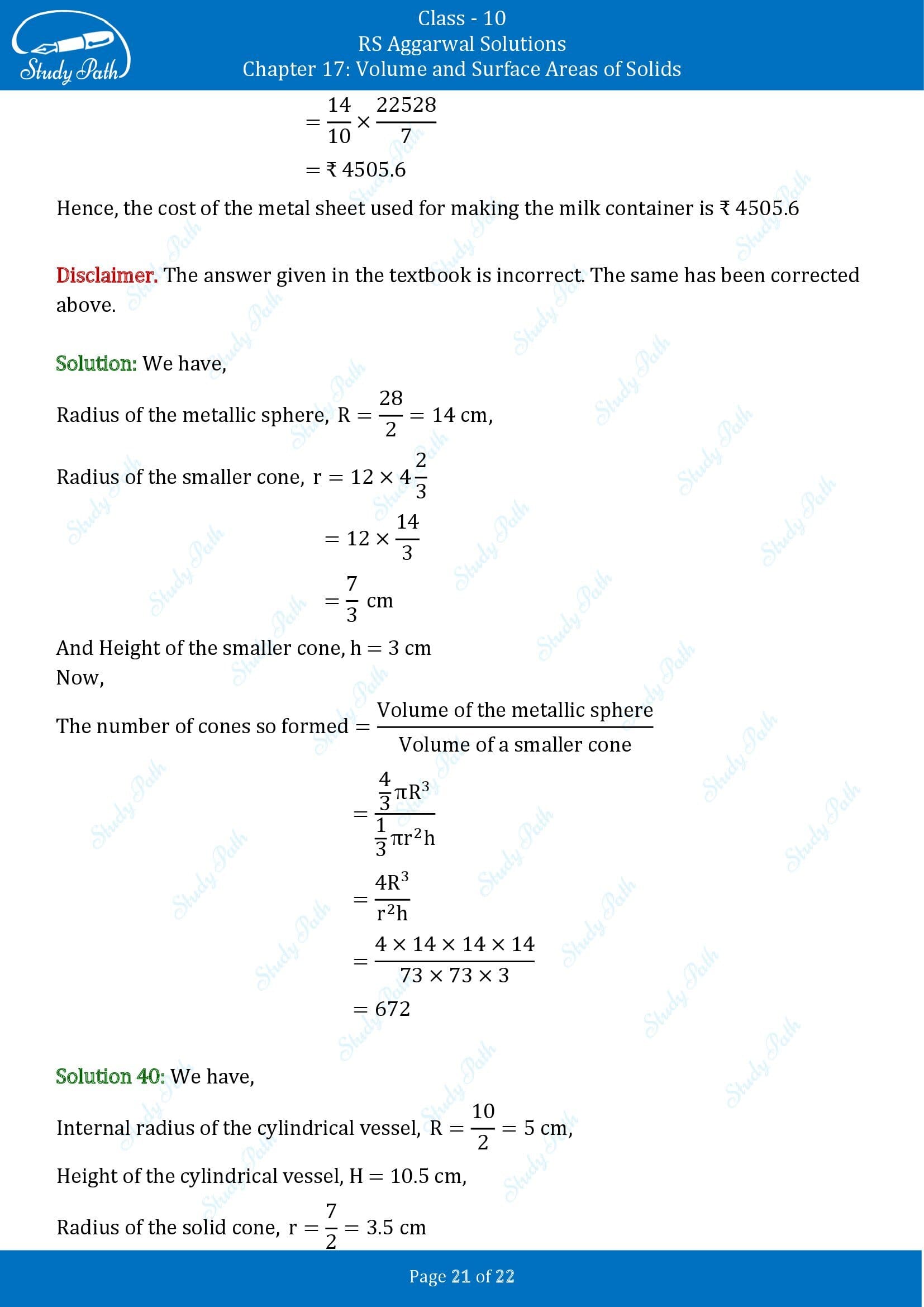 RS Aggarwal Solutions for Class 10 Chapter 17 Volume and Surface Areas of Solids Exercise 17D 00021