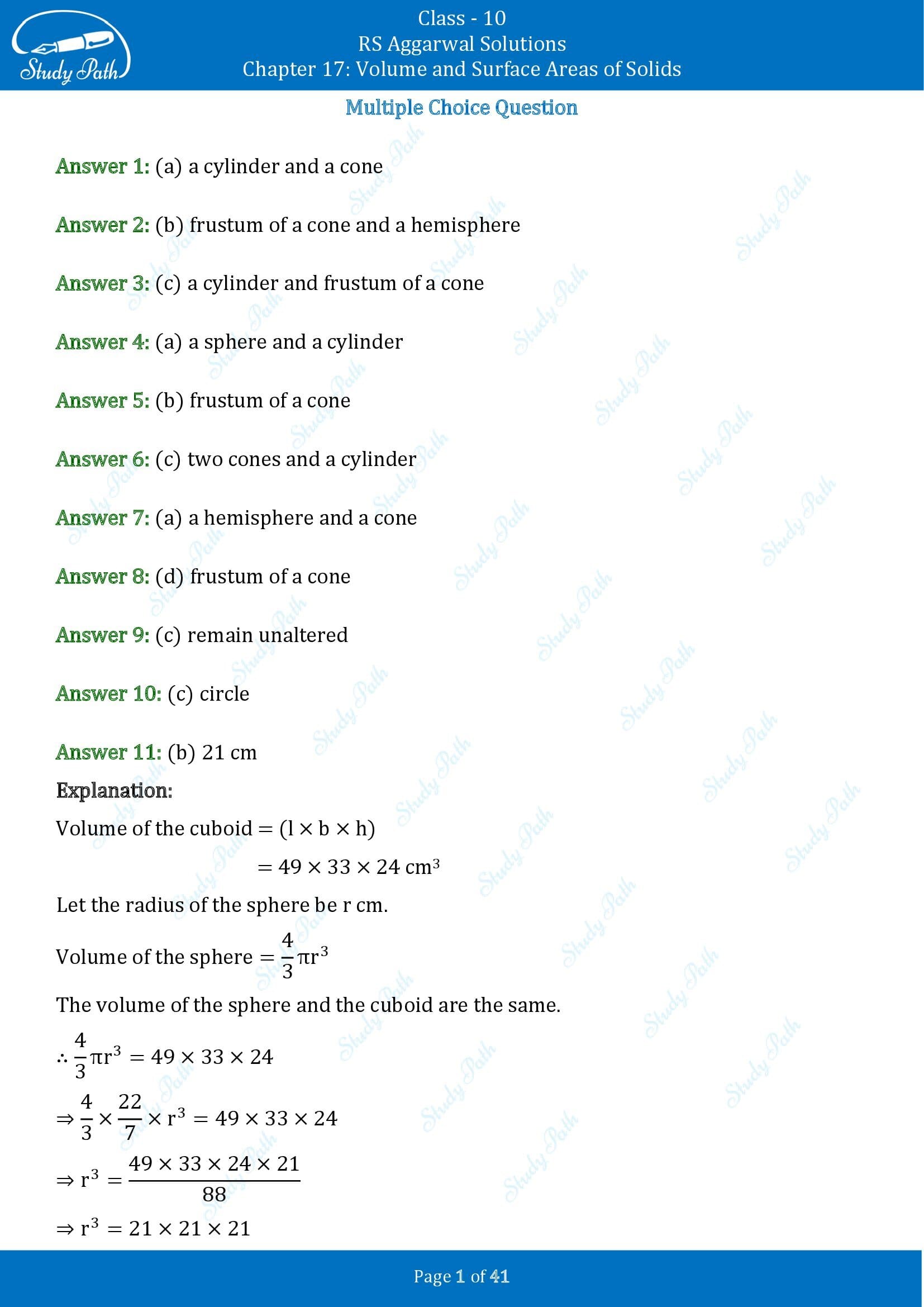 RS Aggarwal Solutions for Class 10 Chapter 17 Volume and Surface Areas of Solids Multiple Choice Questions 00001