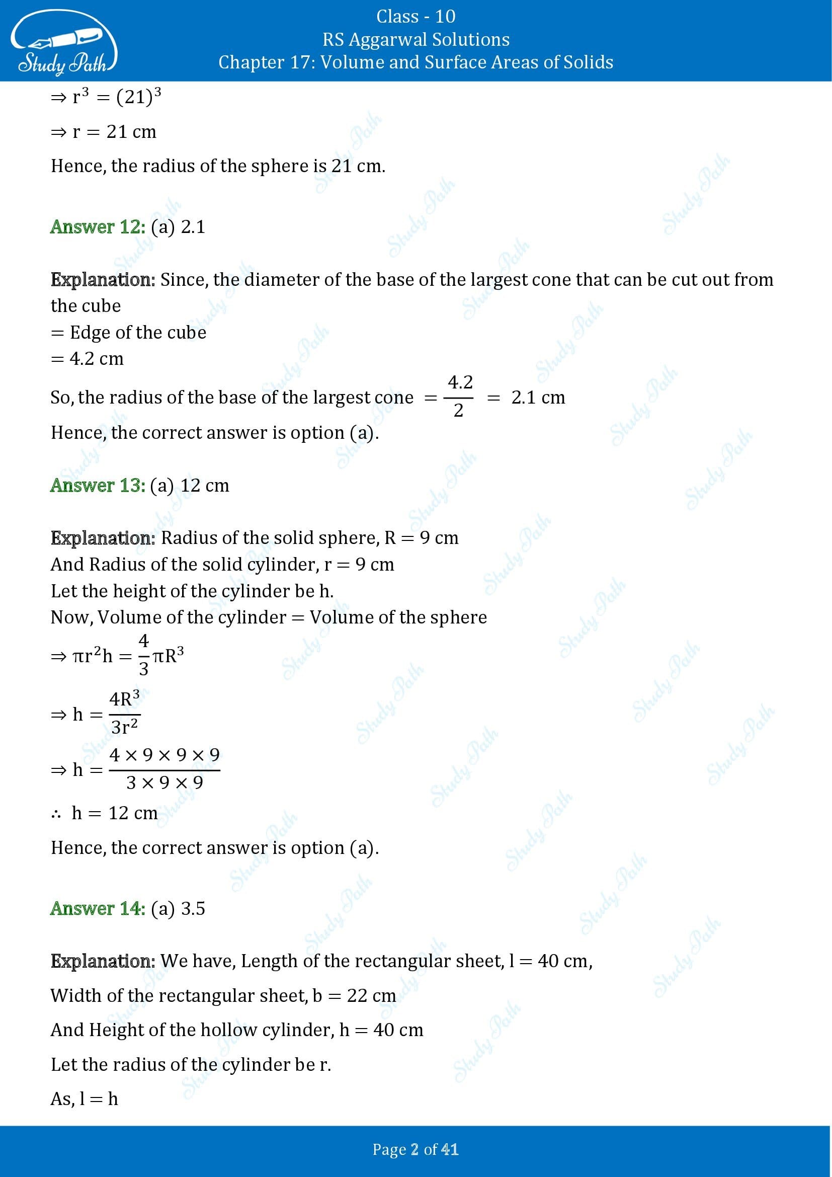 RS Aggarwal Solutions for Class 10 Chapter 17 Volume and Surface Areas of Solids Multiple Choice Questions 00002