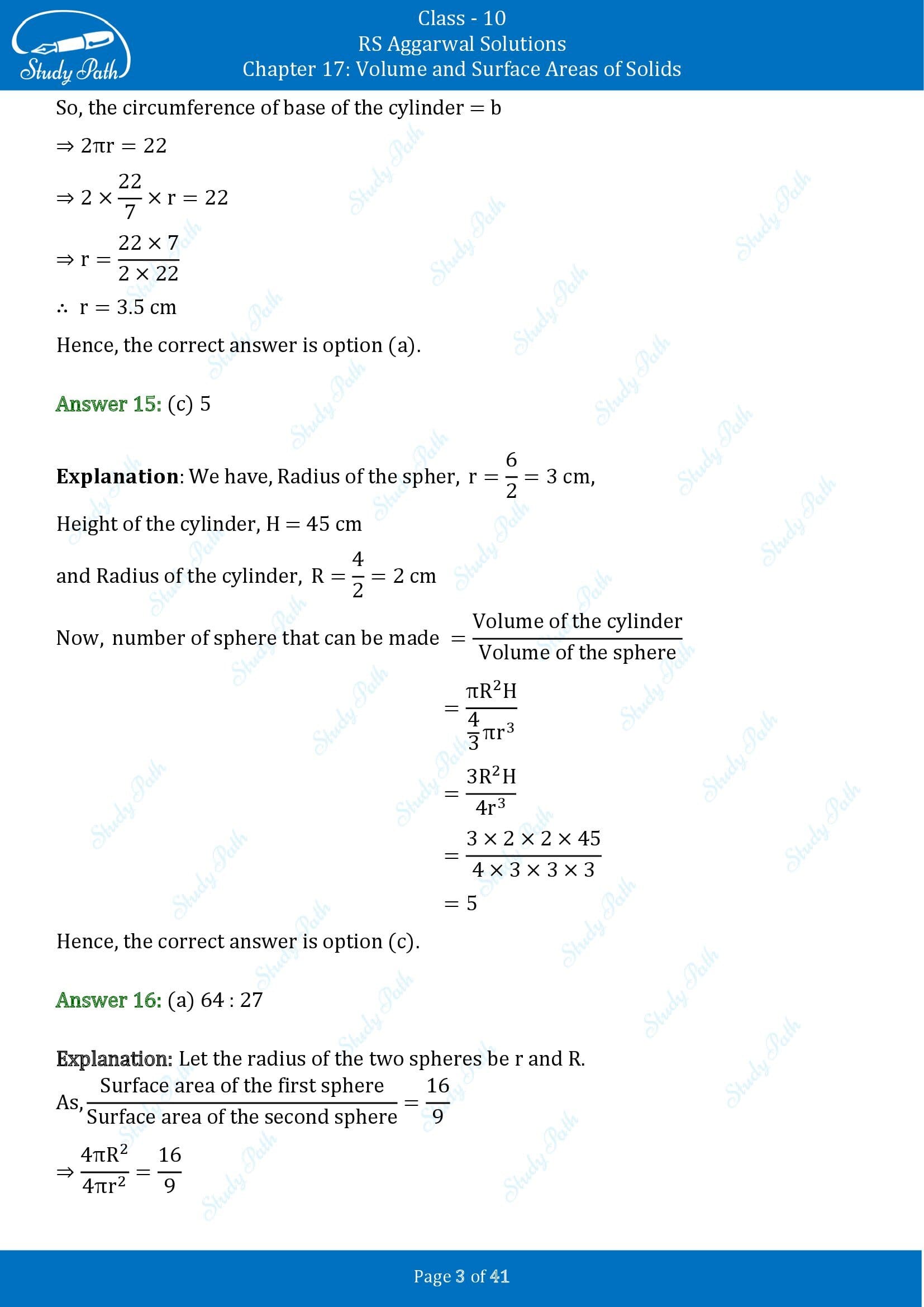 RS Aggarwal Solutions for Class 10 Chapter 17 Volume and Surface Areas of Solids Multiple Choice Questions 00003