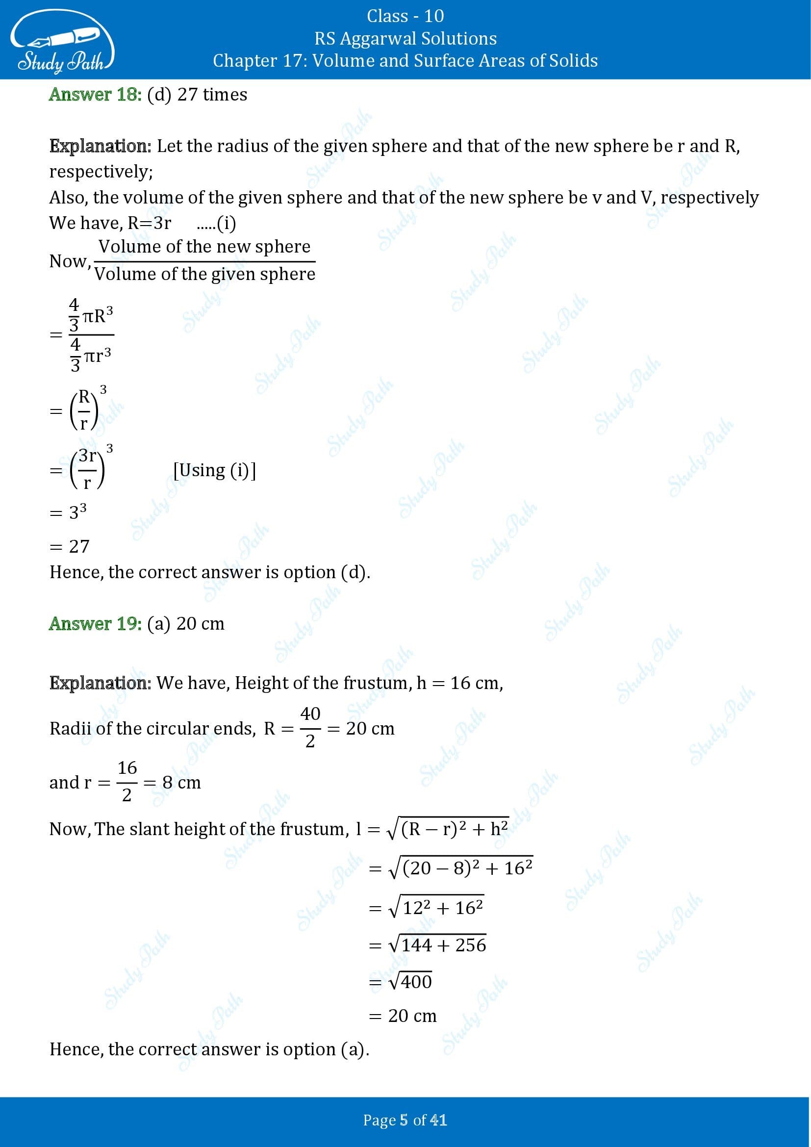 RS Aggarwal Solutions for Class 10 Chapter 17 Volume and Surface Areas of Solids Multiple Choice Questions 00005