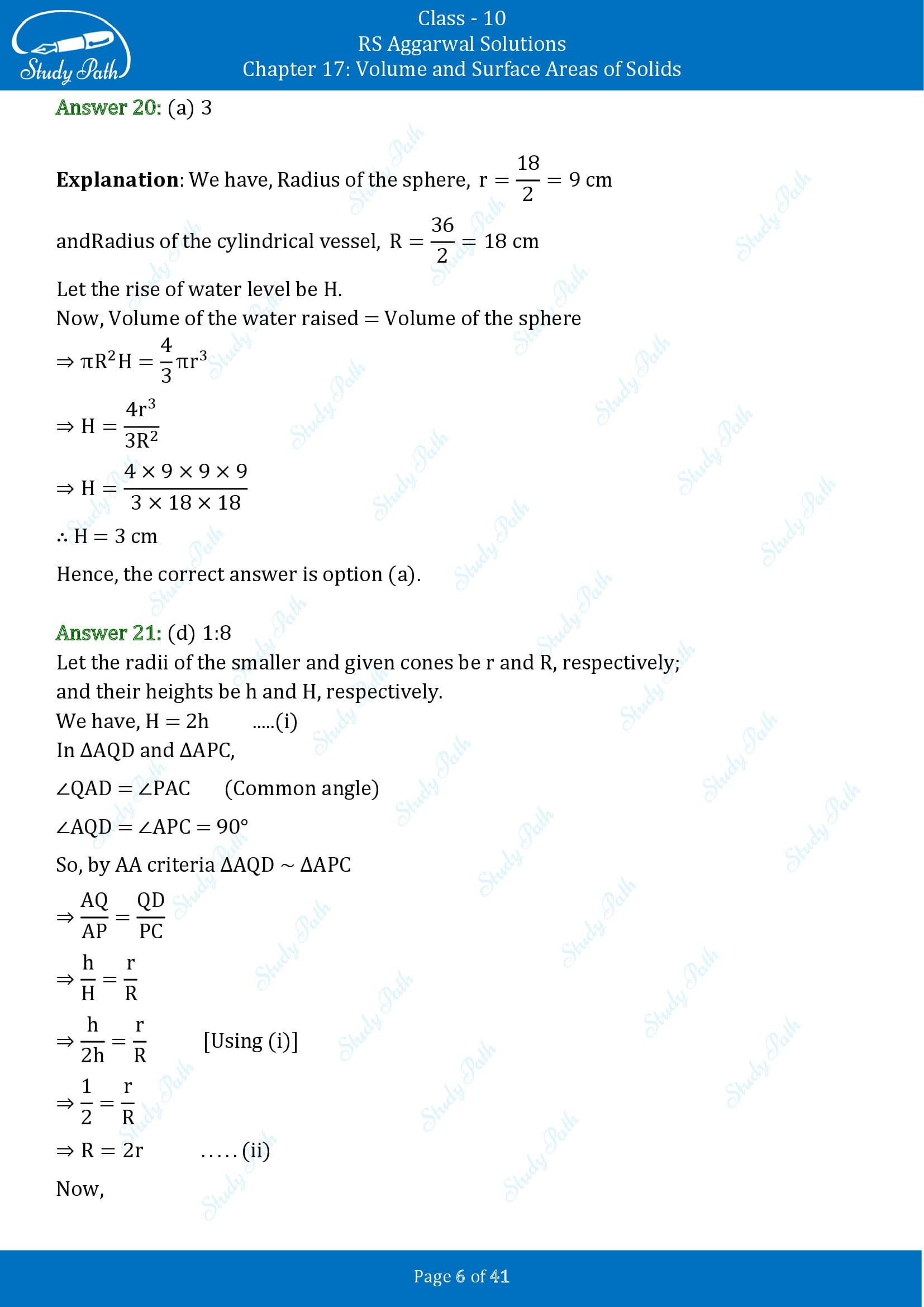 RS Aggarwal Solutions for Class 10 Chapter 17 Volume and Surface Areas of Solids Multiple Choice Questions 00006