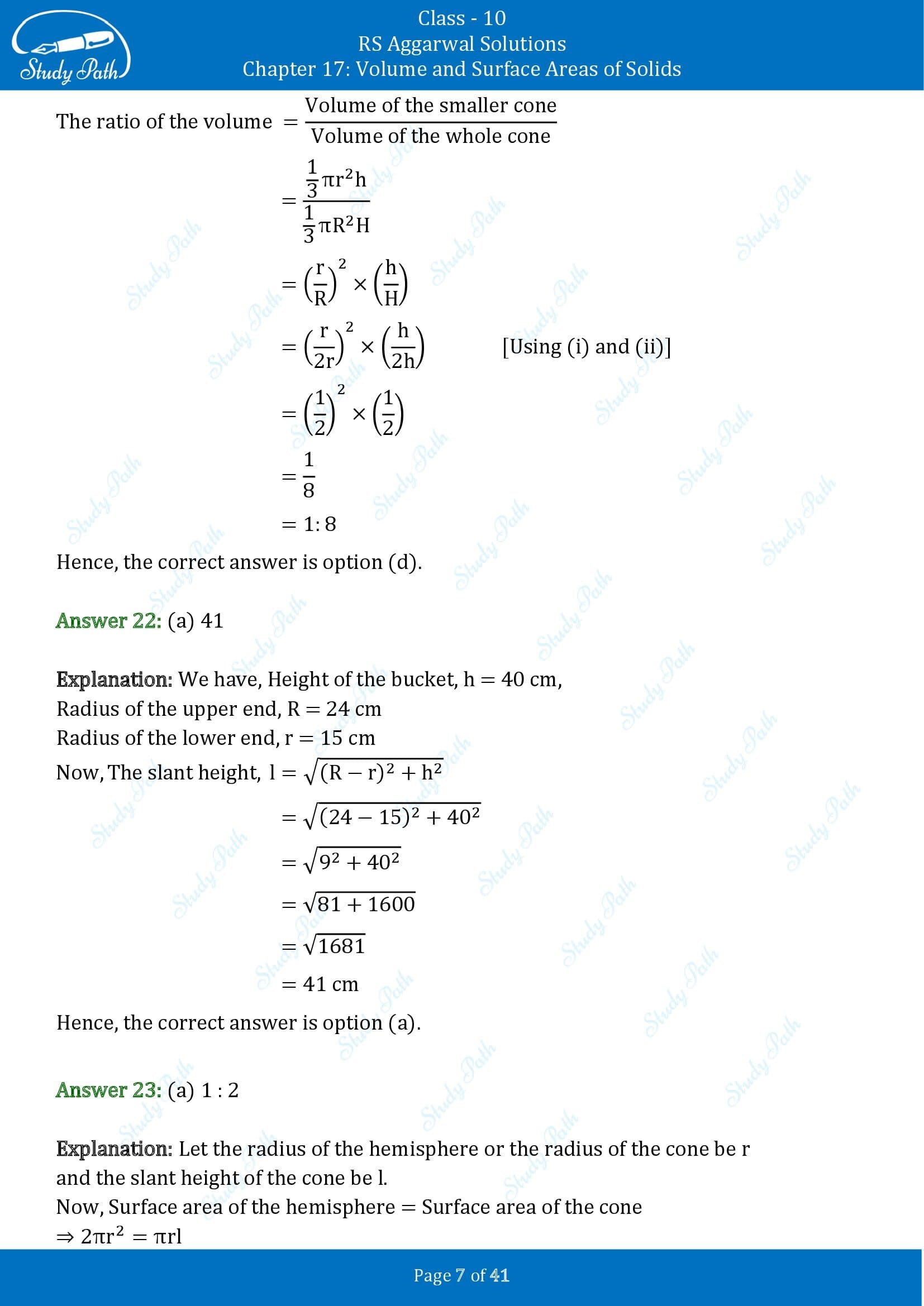 RS Aggarwal Solutions for Class 10 Chapter 17 Volume and Surface Areas of Solids Multiple Choice Questions 00007