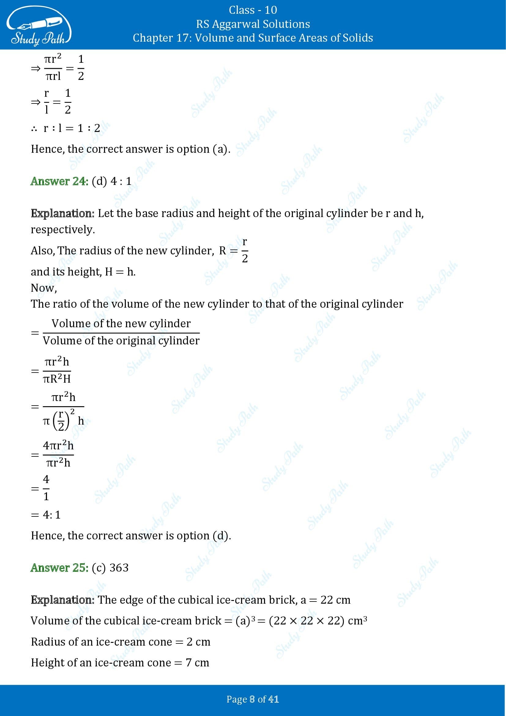 RS Aggarwal Solutions for Class 10 Chapter 17 Volume and Surface Areas of Solids Multiple Choice Questions 00008