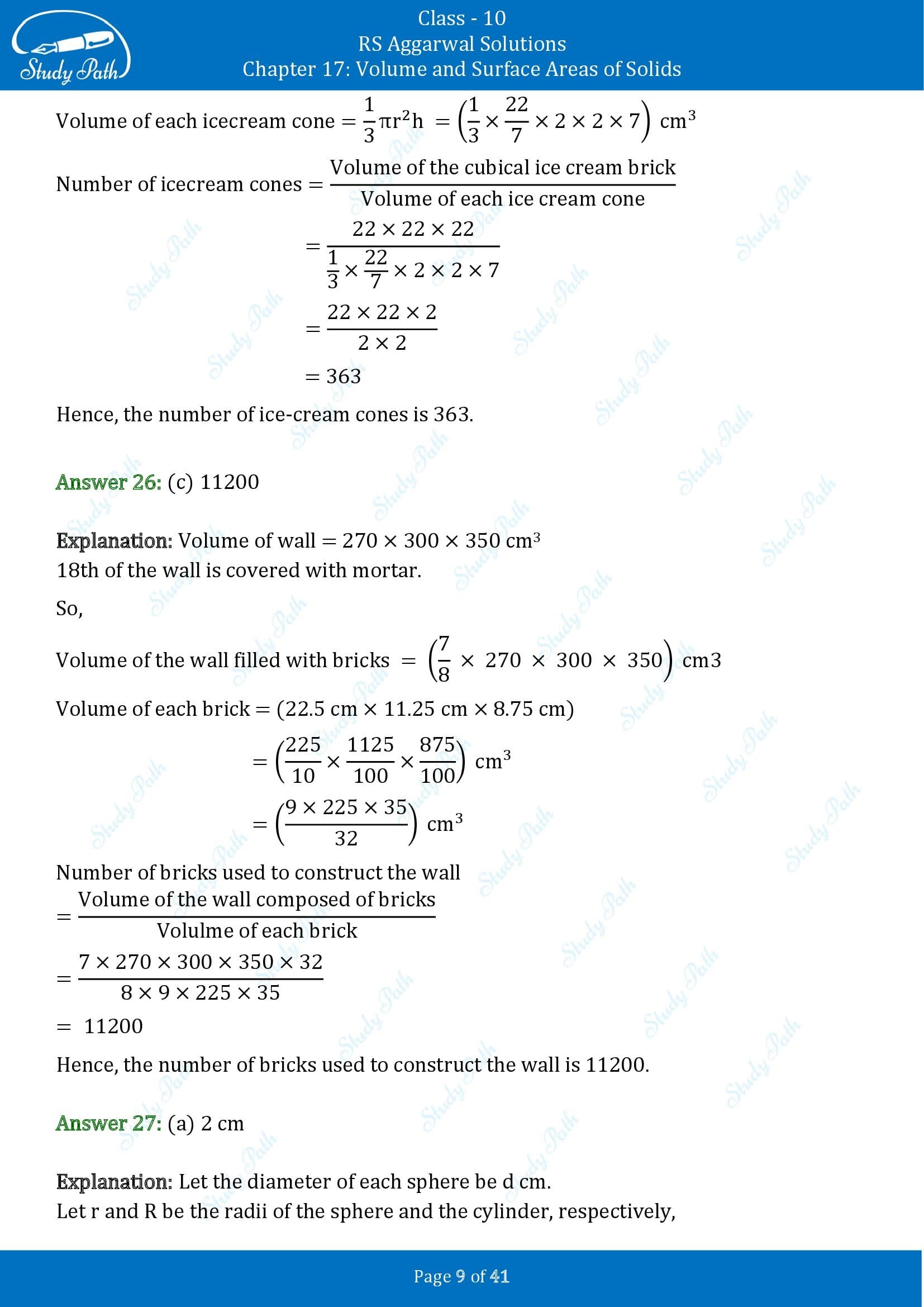 RS Aggarwal Solutions for Class 10 Chapter 17 Volume and Surface Areas of Solids Multiple Choice Questions 00009