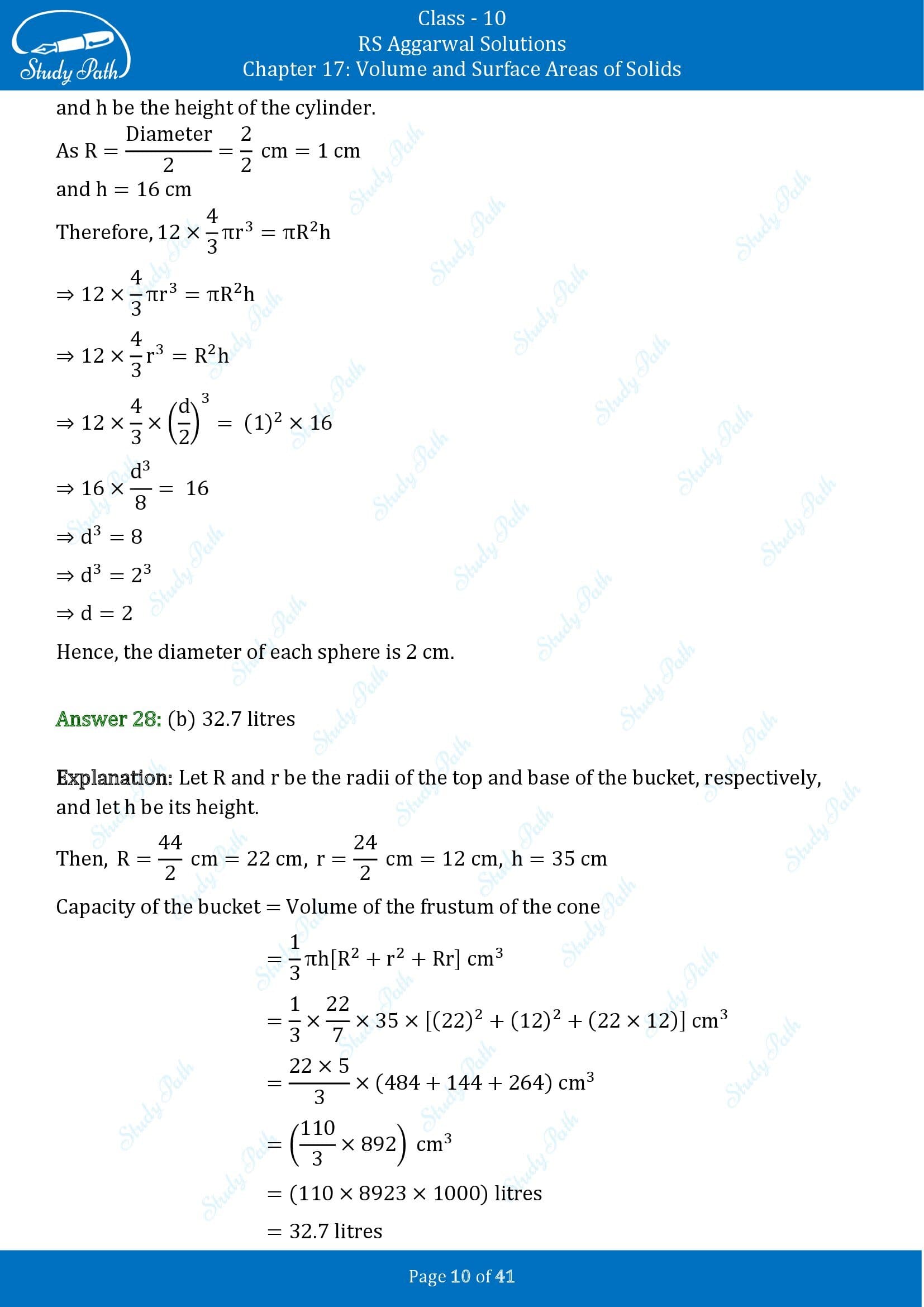 RS Aggarwal Solutions for Class 10 Chapter 17 Volume and Surface Areas of Solids Multiple Choice Questions 00010