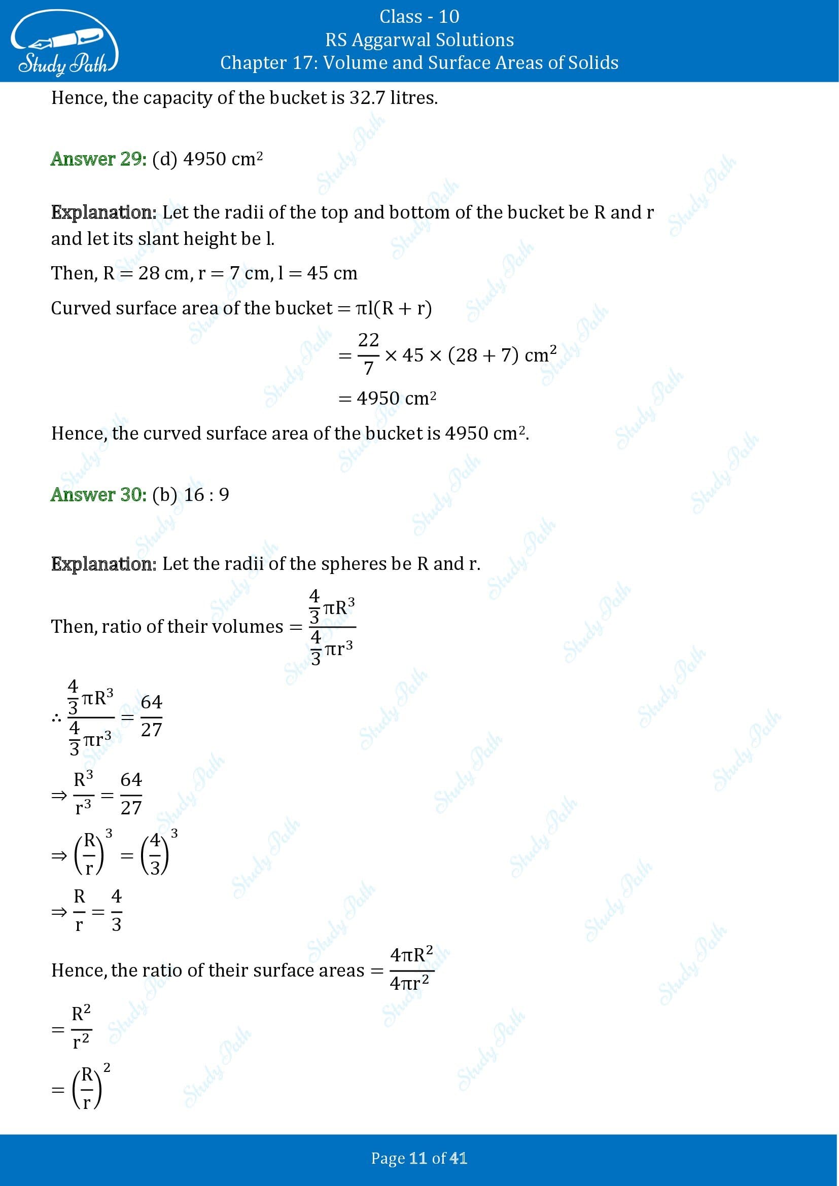 RS Aggarwal Solutions for Class 10 Chapter 17 Volume and Surface Areas of Solids Multiple Choice Questions 00011