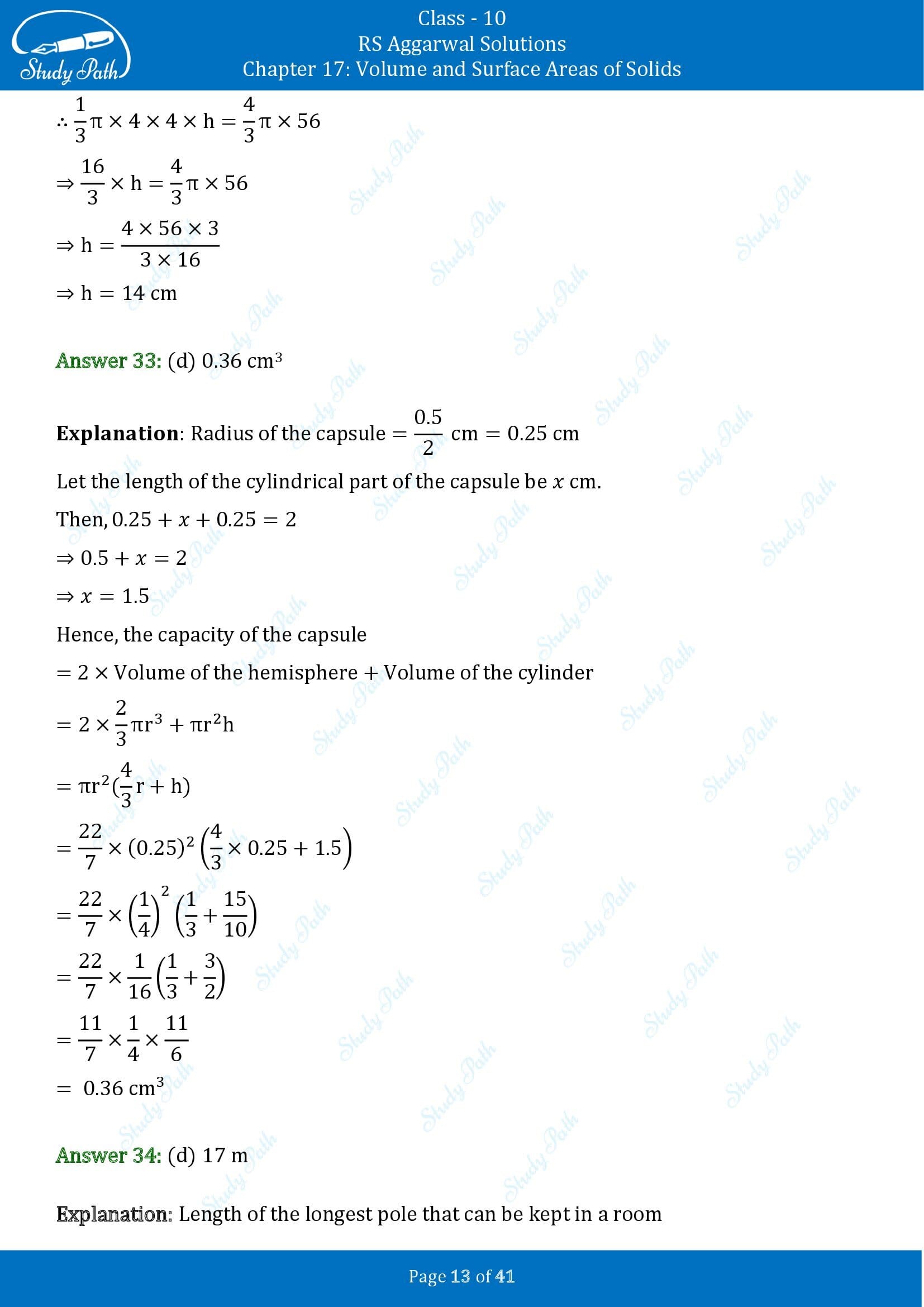 RS Aggarwal Solutions for Class 10 Chapter 17 Volume and Surface Areas of Solids Multiple Choice Questions 00013