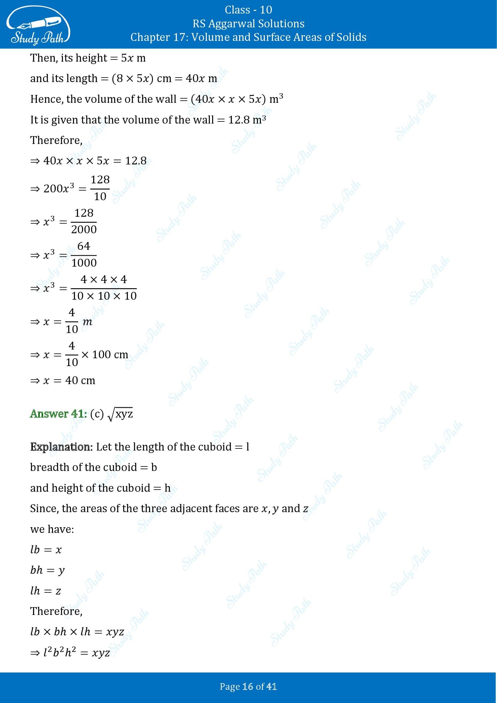 RS Aggarwal Solutions for Class 10 Chapter 17 Volume and Surface Areas of Solids Multiple Choice Questions 00016